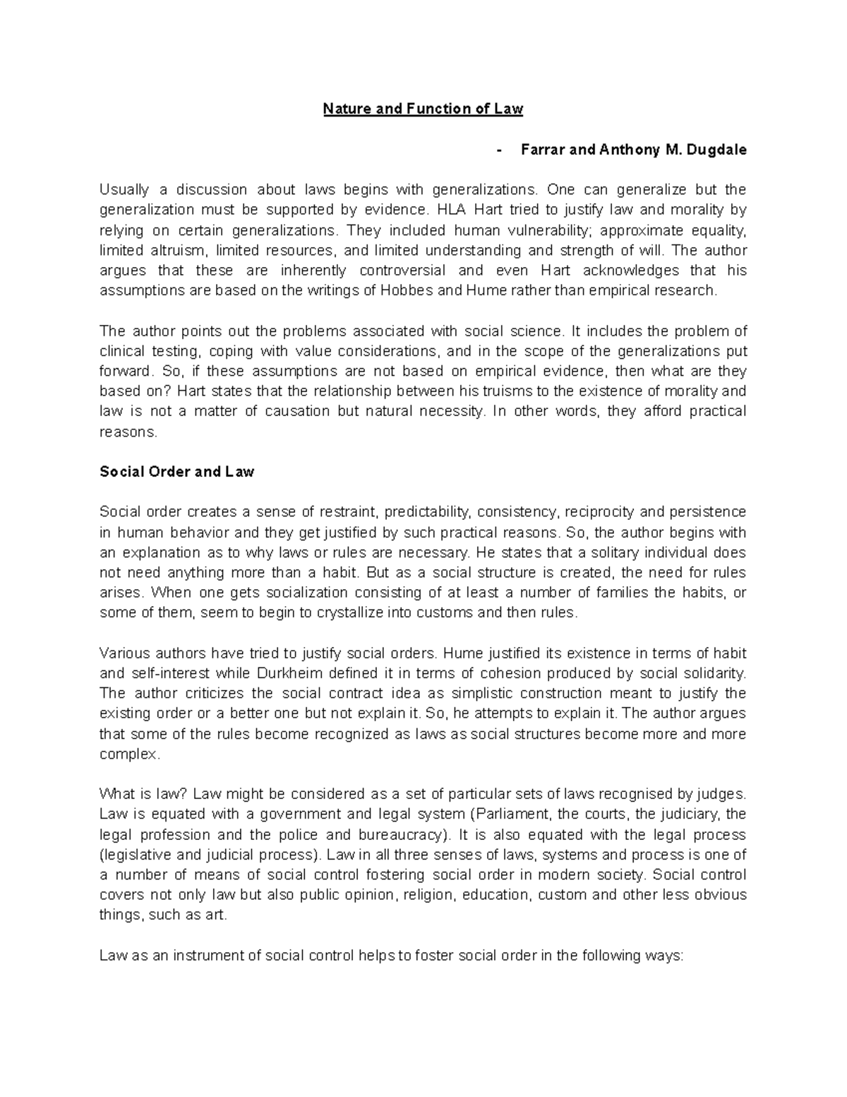 Peer Tutoring (Legal Method) Nature and Function of Law Farrar and