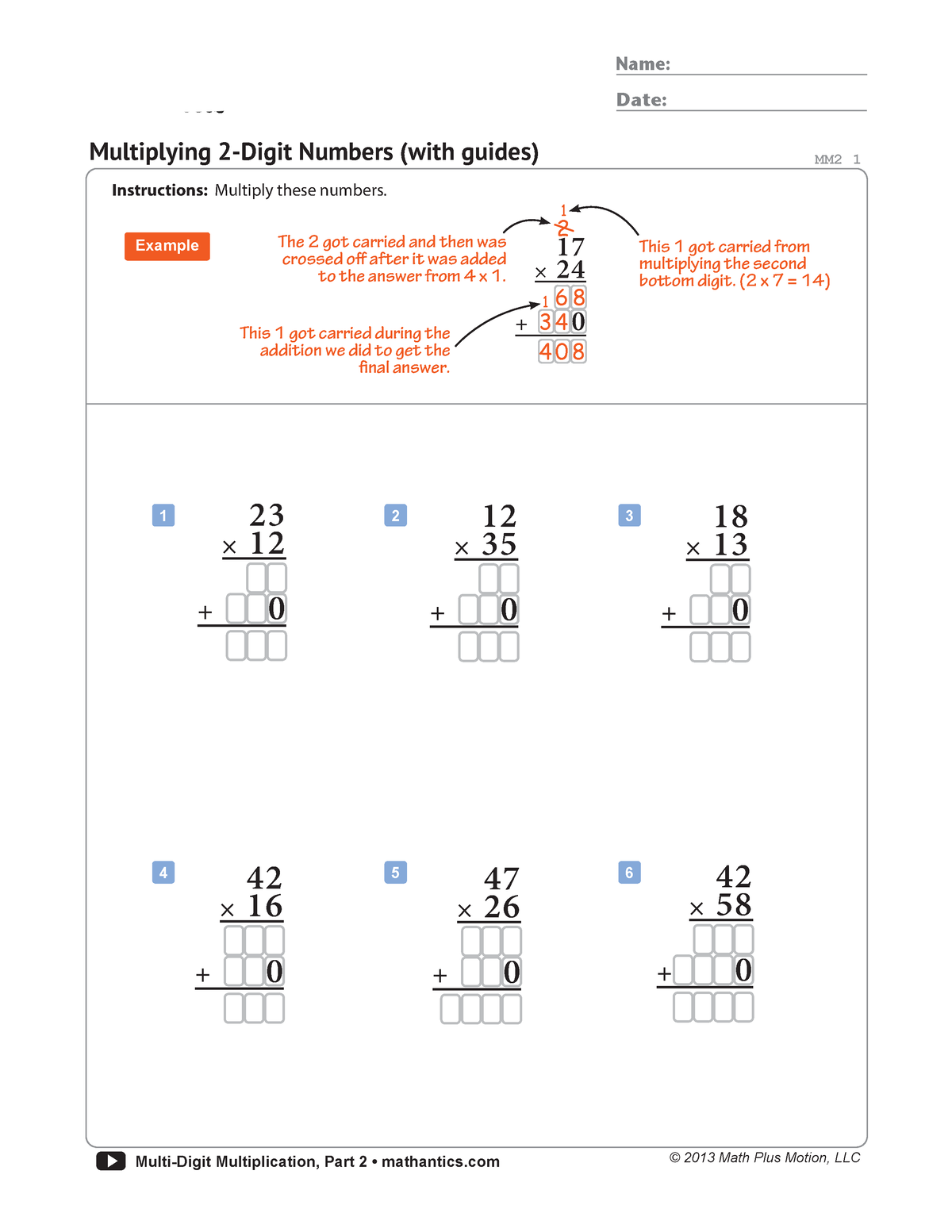 Worksheets Multi Digit Multiplication Part 2 - © 2013 Math Plus Motion ...