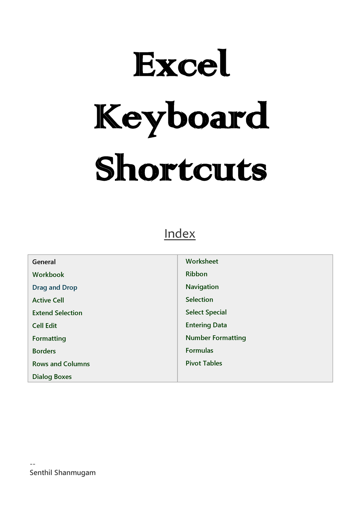 Excel Shortcuts - Index General Worksheet Workbook Ribbon Drag and Drop ...