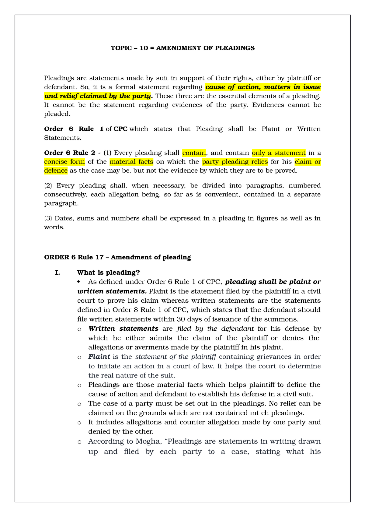 Amendment of pleading CPC TOPIC 10 = AMENDMENT OF PLEADINGS