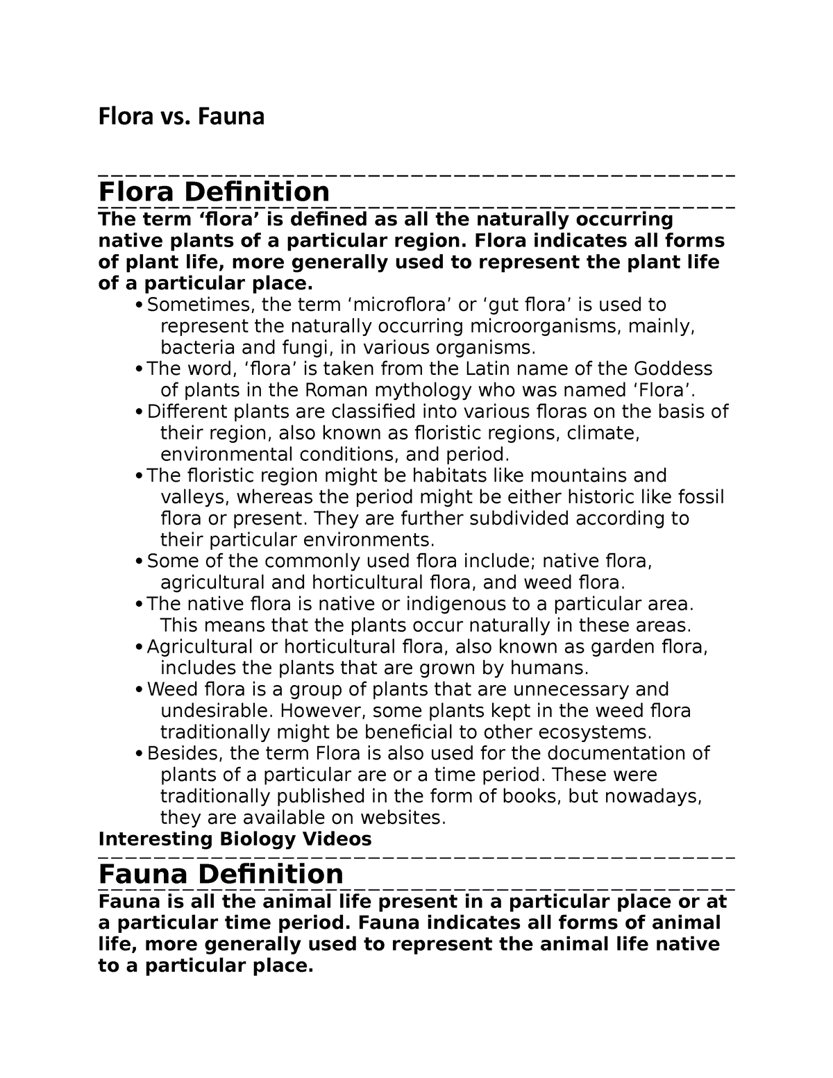 Flora vs Fauna - notes - Flora vs. Fauna Flora Definition The term ...