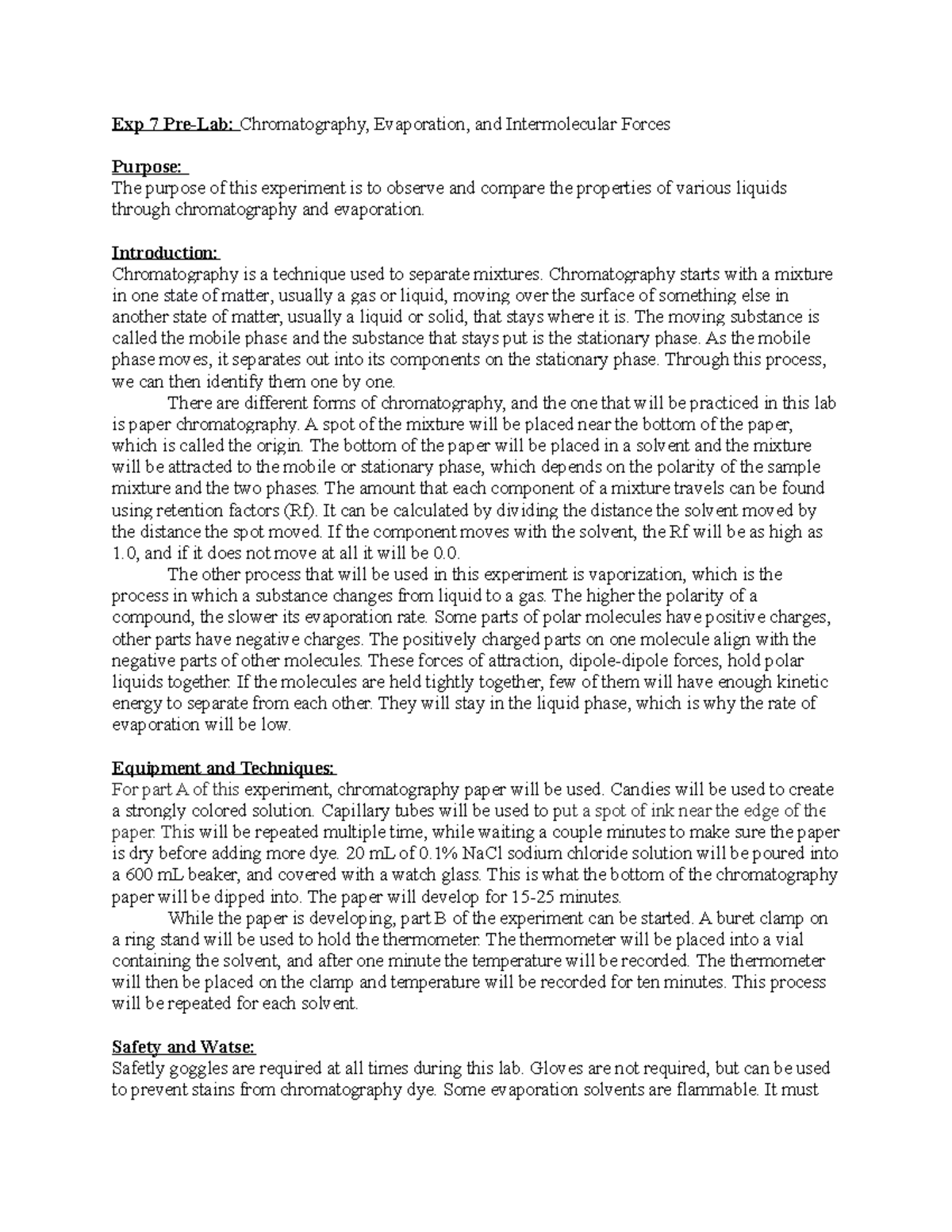 Experiment 5 pre lab report Exp 7 PreLab Chromatography