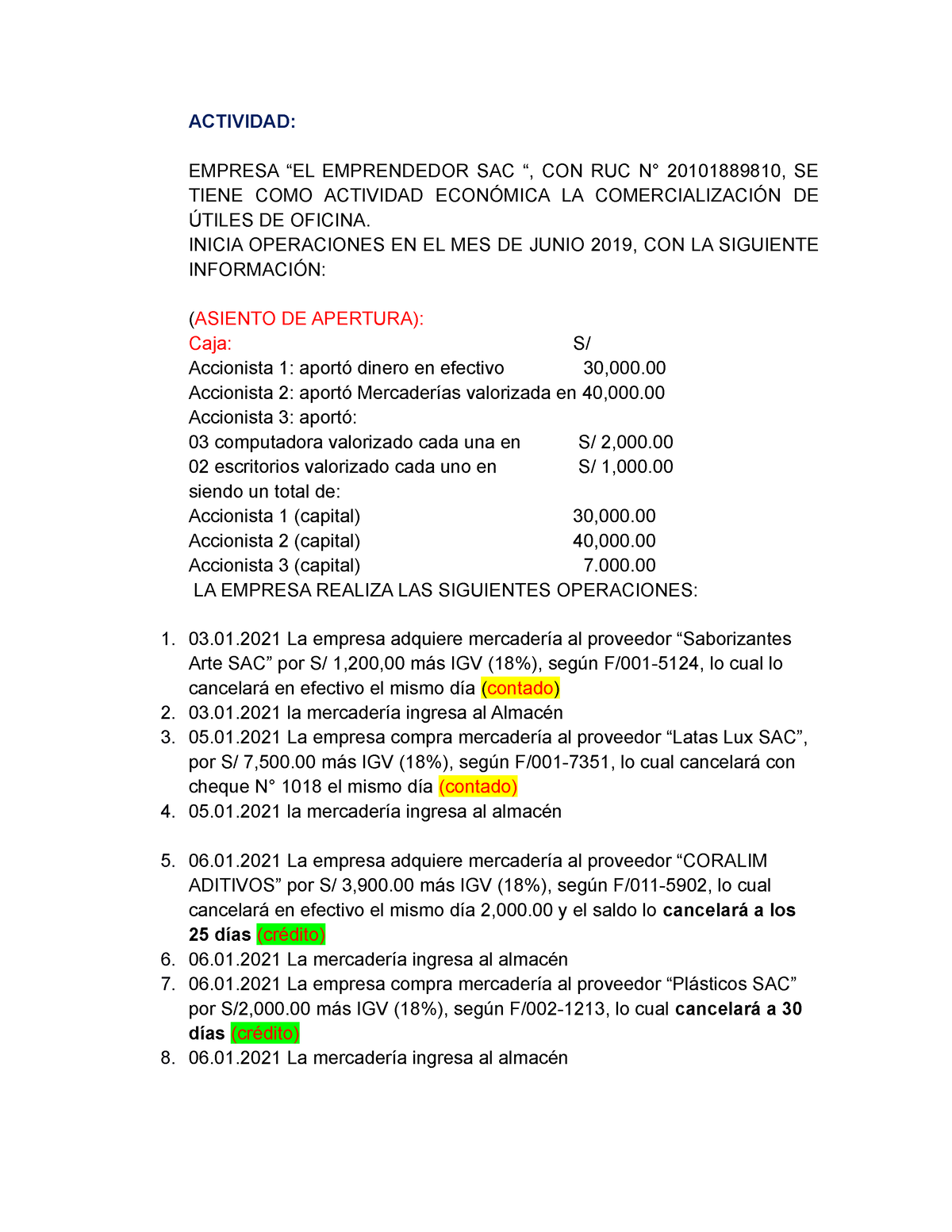 CASO PRÁ Ctico Libro Diario TA1 - ACTIVIDAD: EMPRESA “EL EMPRENDEDOR ...