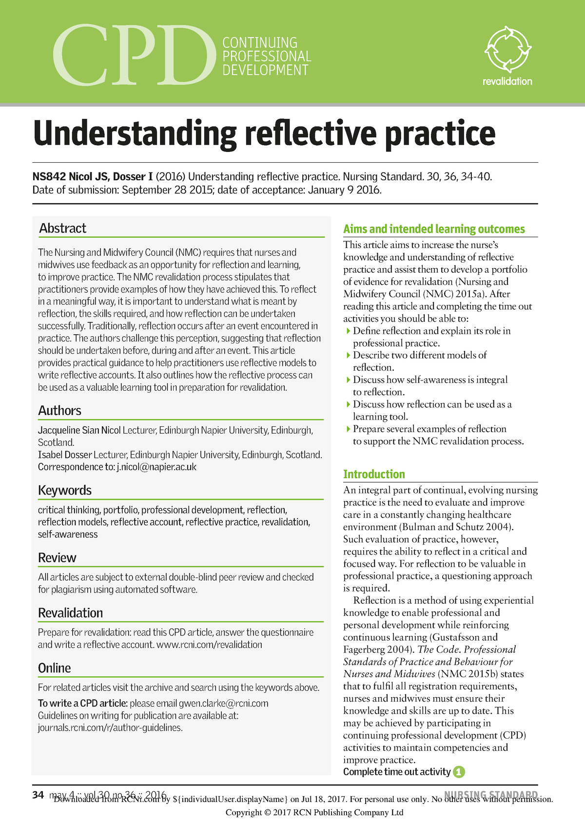 Week 4 Understanding Reflective Practice Nicol JS And Dosser I 2016 