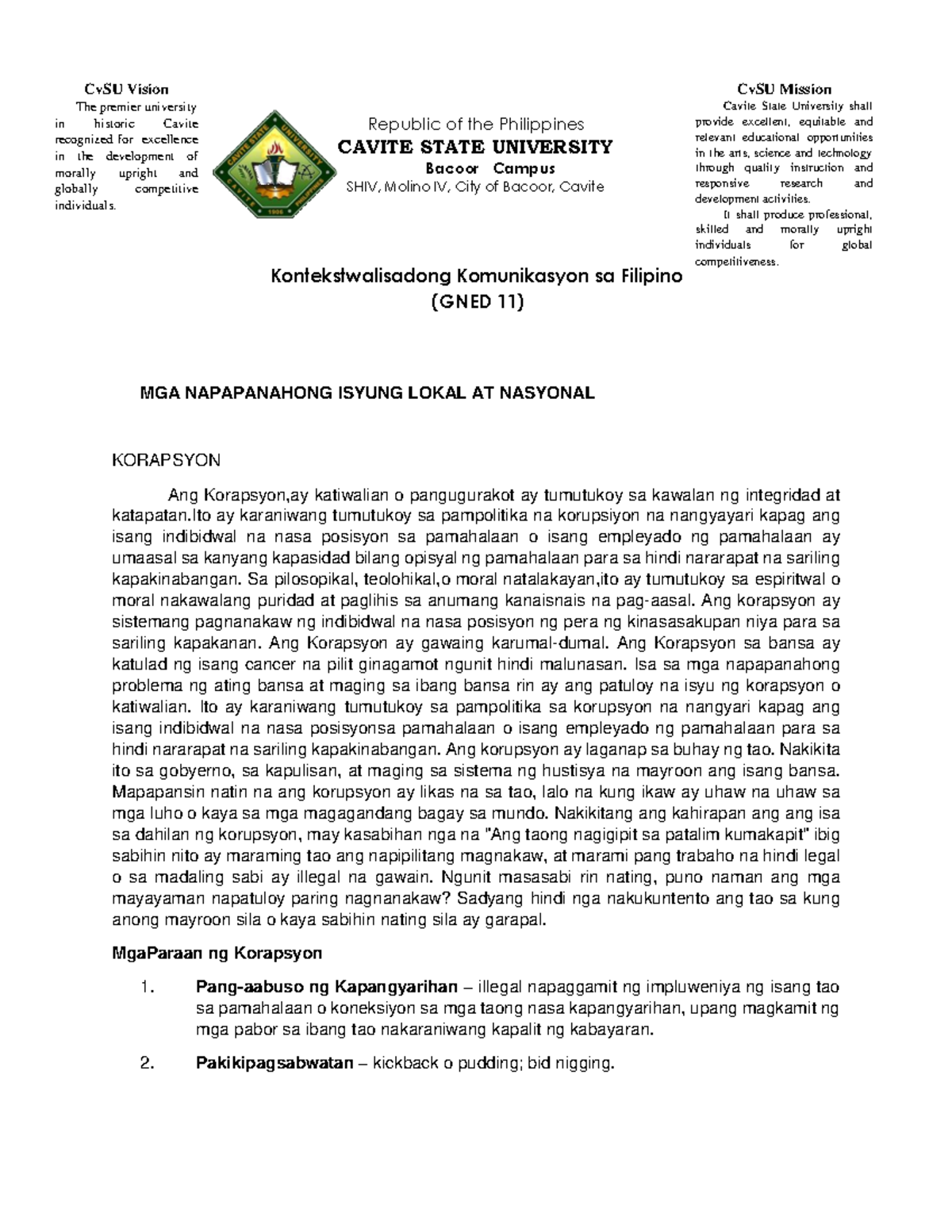Lesson 5 - CvSU Mission Cavite State University shall provide excellent ...