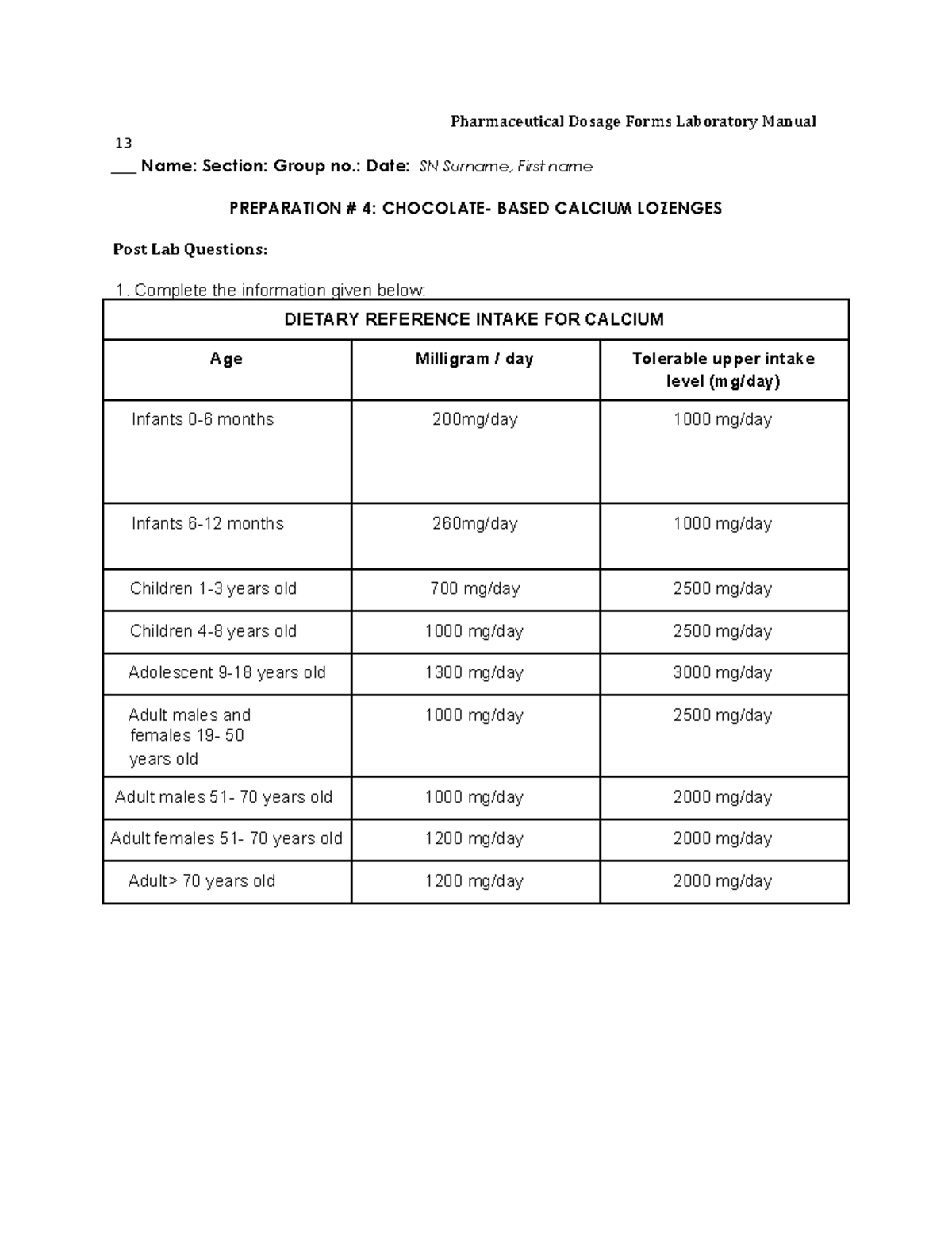 PREPARATION 4 Chocolatebased Calcium Lozenges POST LAB Pharmaceutical Dosage Forms