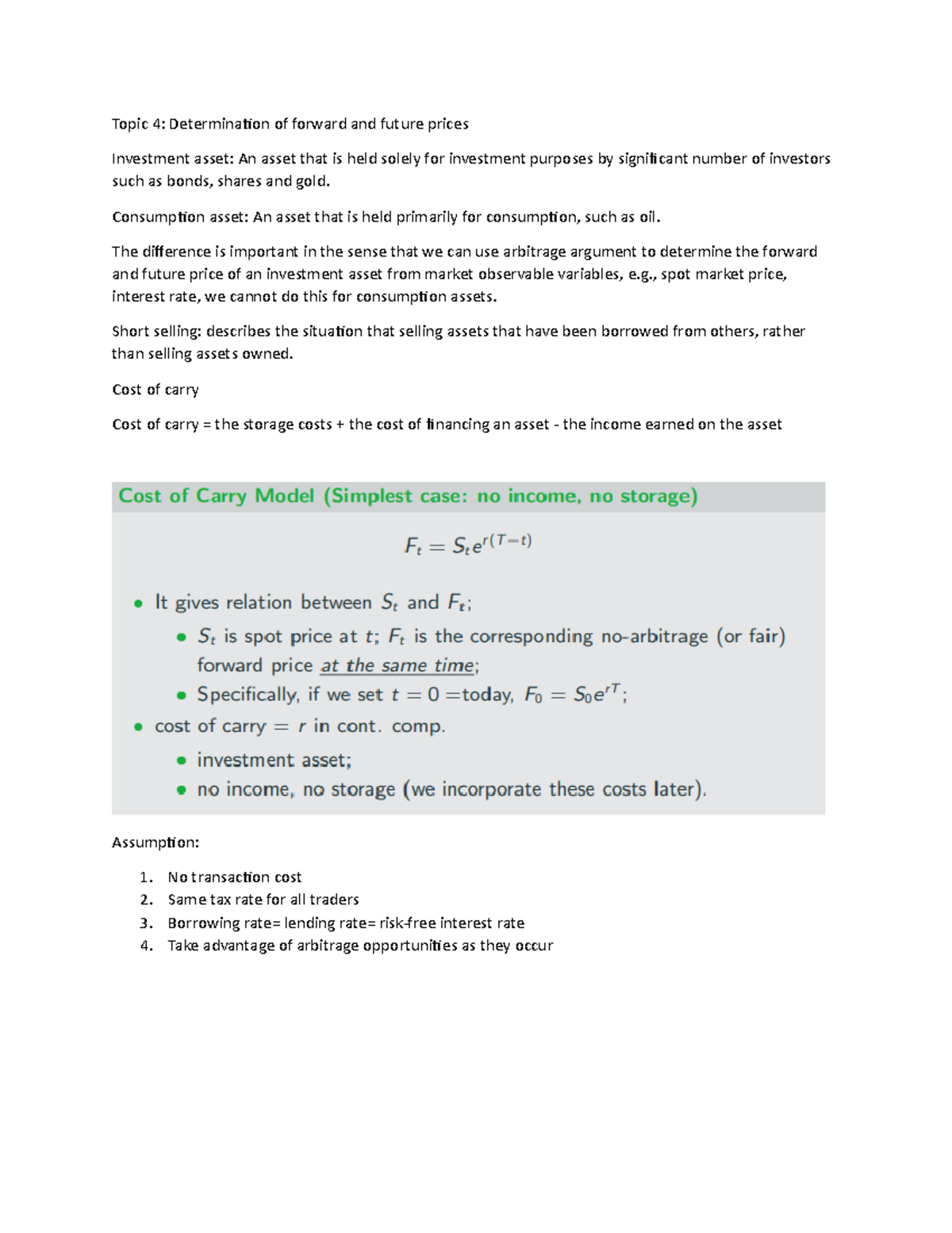 Topic 4 - notes - Topic 4: Determination of forward and future prices ...