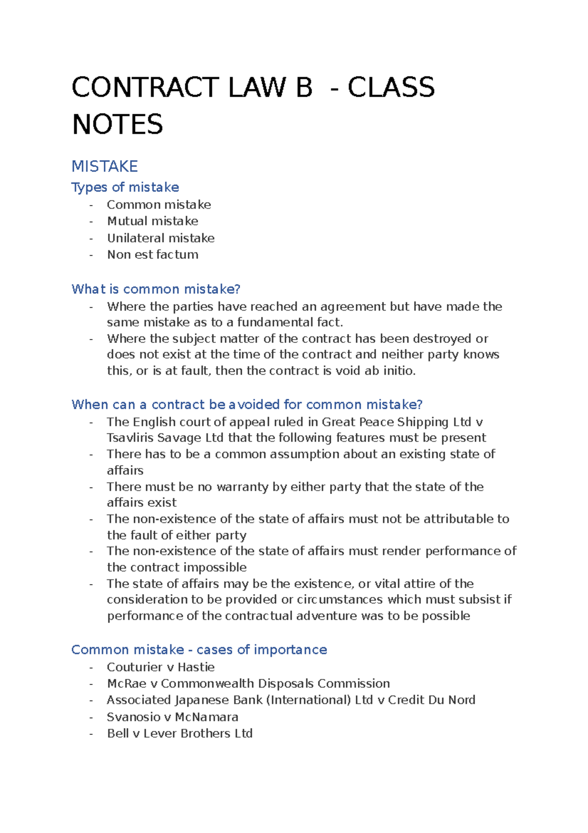 Contract LAW B Mistake Notes - CONTRACT LAW B - CLASS NOTES MISTAKE ...