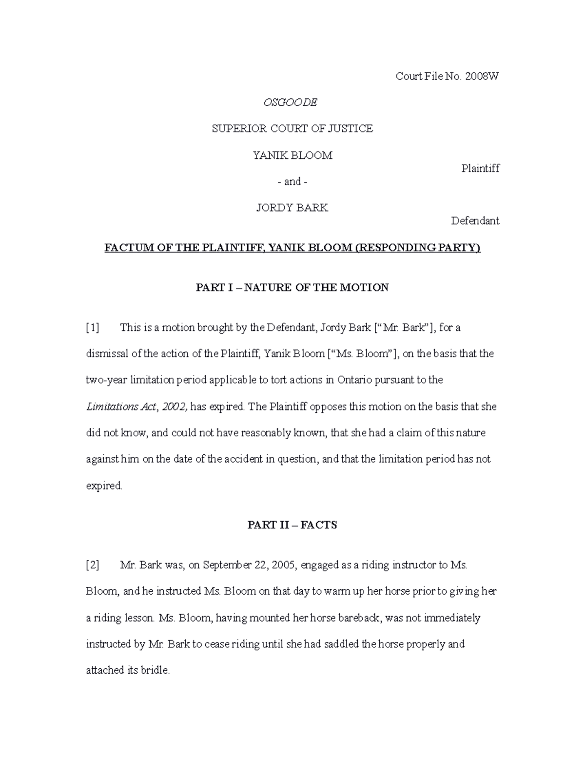 Bloom v. Bark - Responding Party Factum - Court File No. 2008W OSGOODE ...