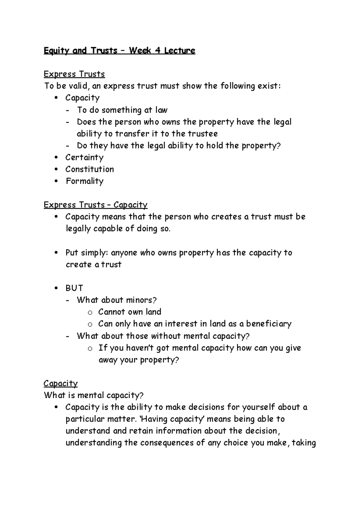 Week 4 Lecture - Equity and Trusts – Week 4 Lecture Express Trusts To ...