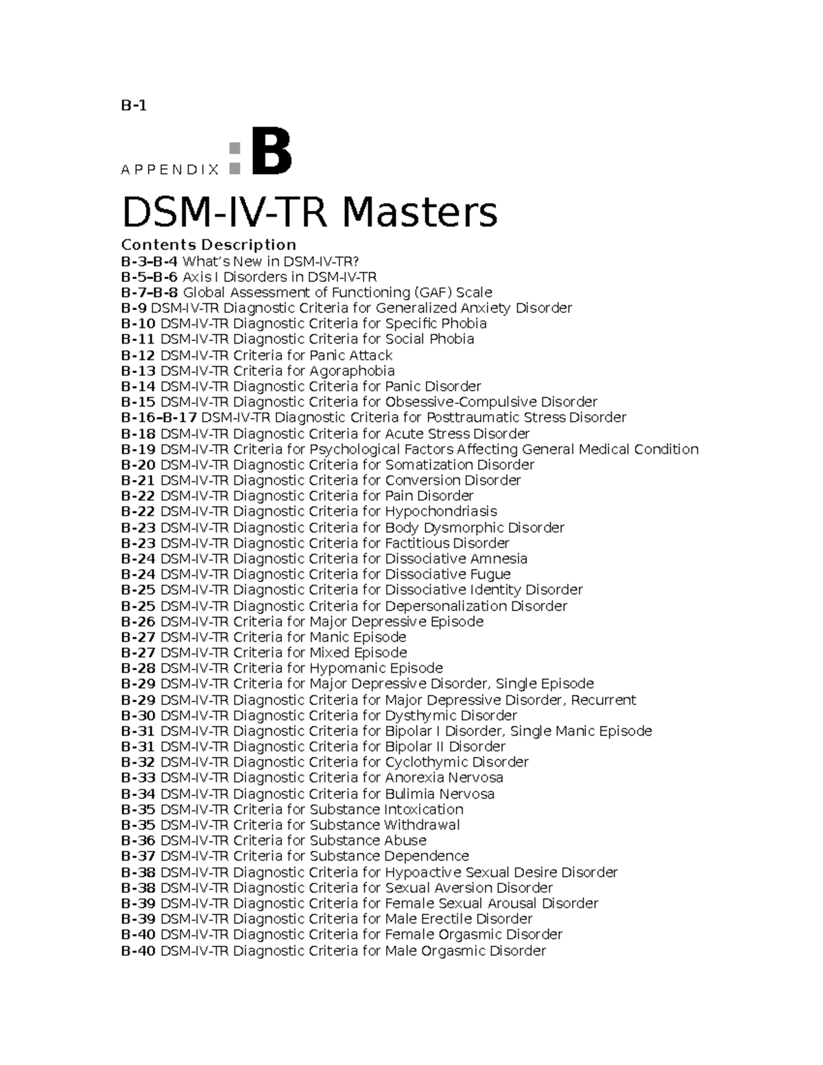 B - DSM IV TR Declension - B- A P P E N D I X :B DSM-IV-TR Masters ...