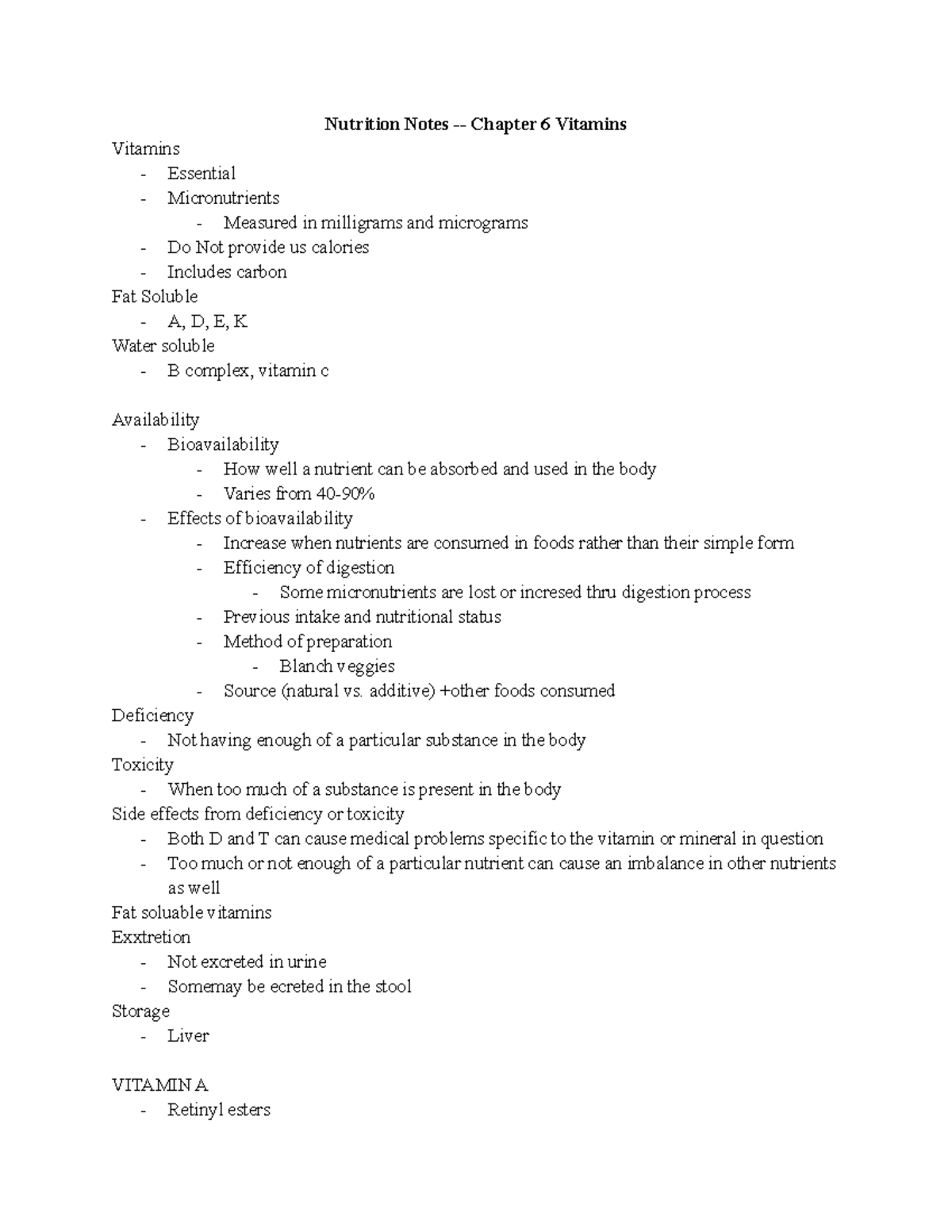 Nutrition Notes Chapter 6 Vitamins and Their Functions Studocu