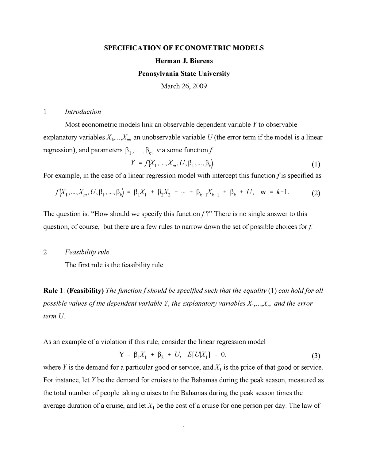 Lecture Notes Course Specification Of Econometrics Models Studocu