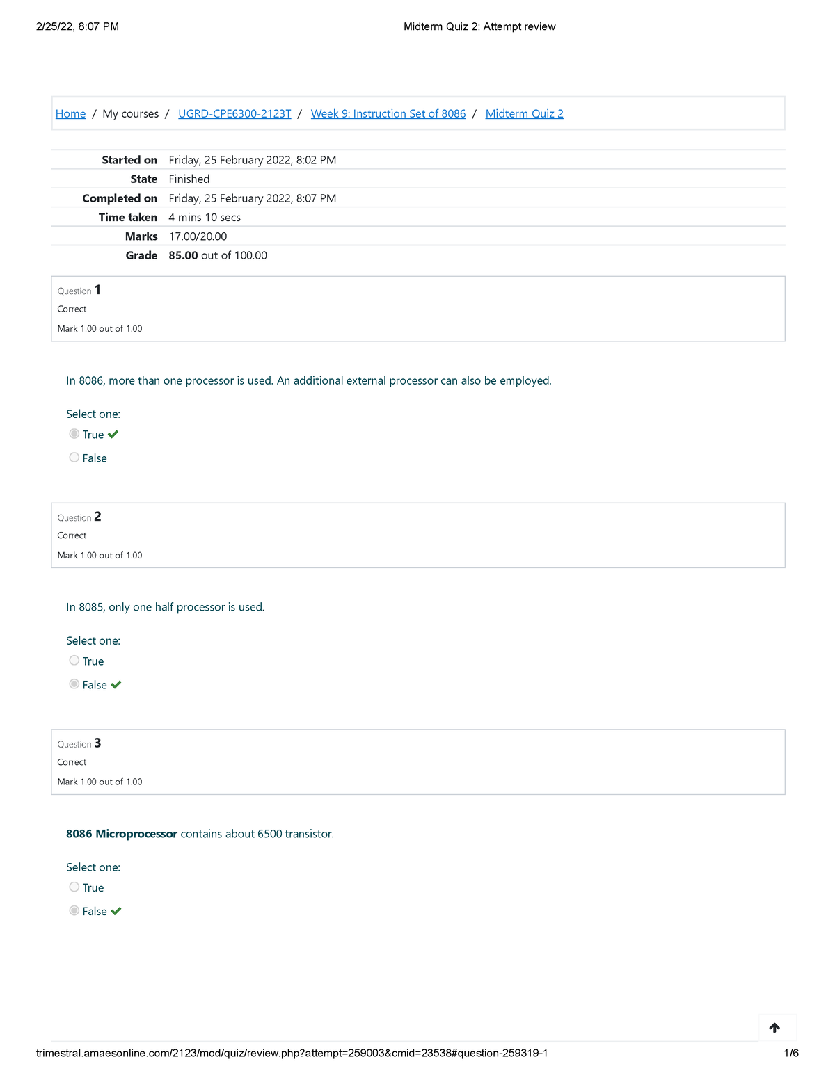 Midterm Quiz 2 Attempt review 1 - Home/My courses/ UGRD-CPE6300-2123T ...