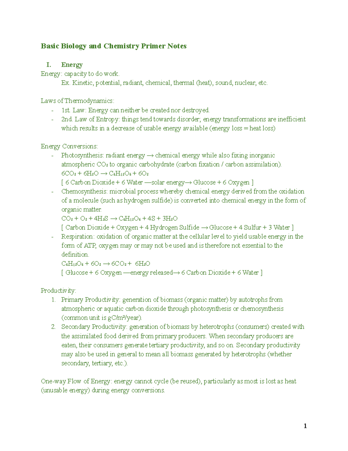 Basic Biology and Chemistry Primer Energy Energy capacity to do work