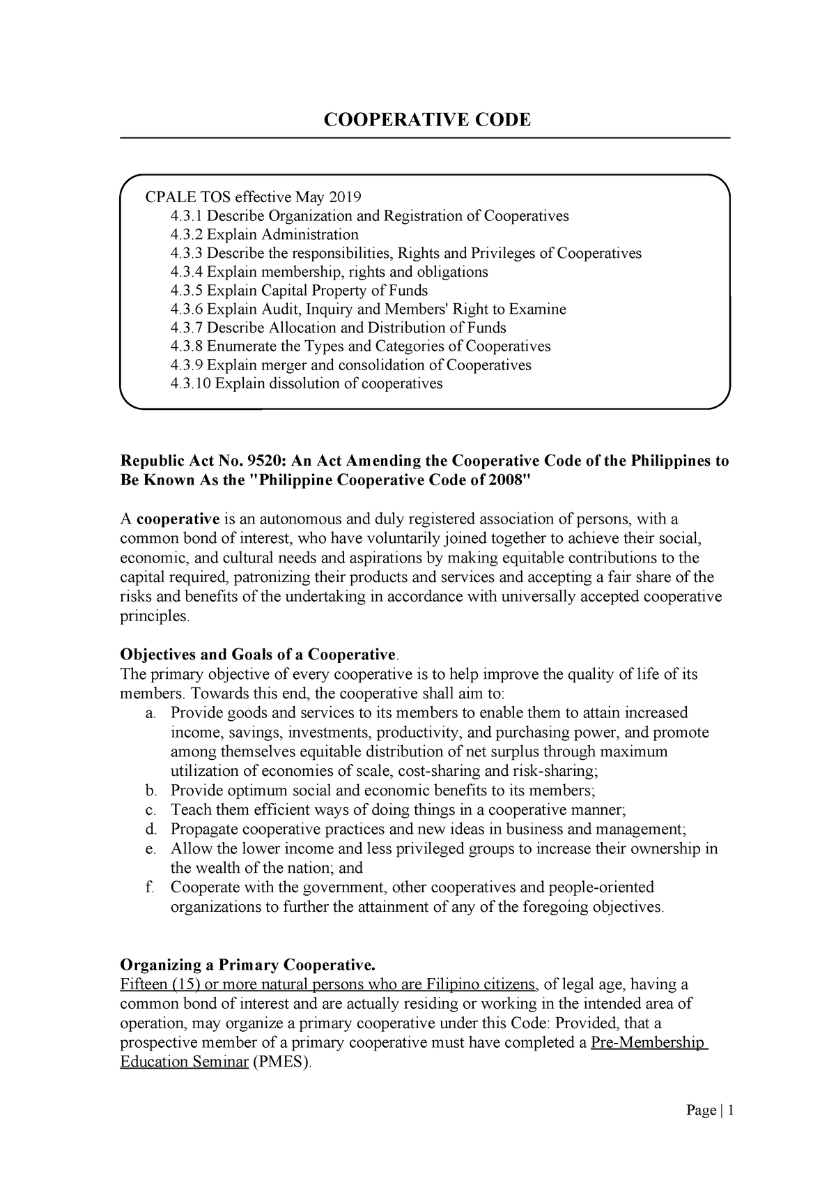 Cooperative CODE Summary COOPERATIVE CODE CPALE TOS effective May