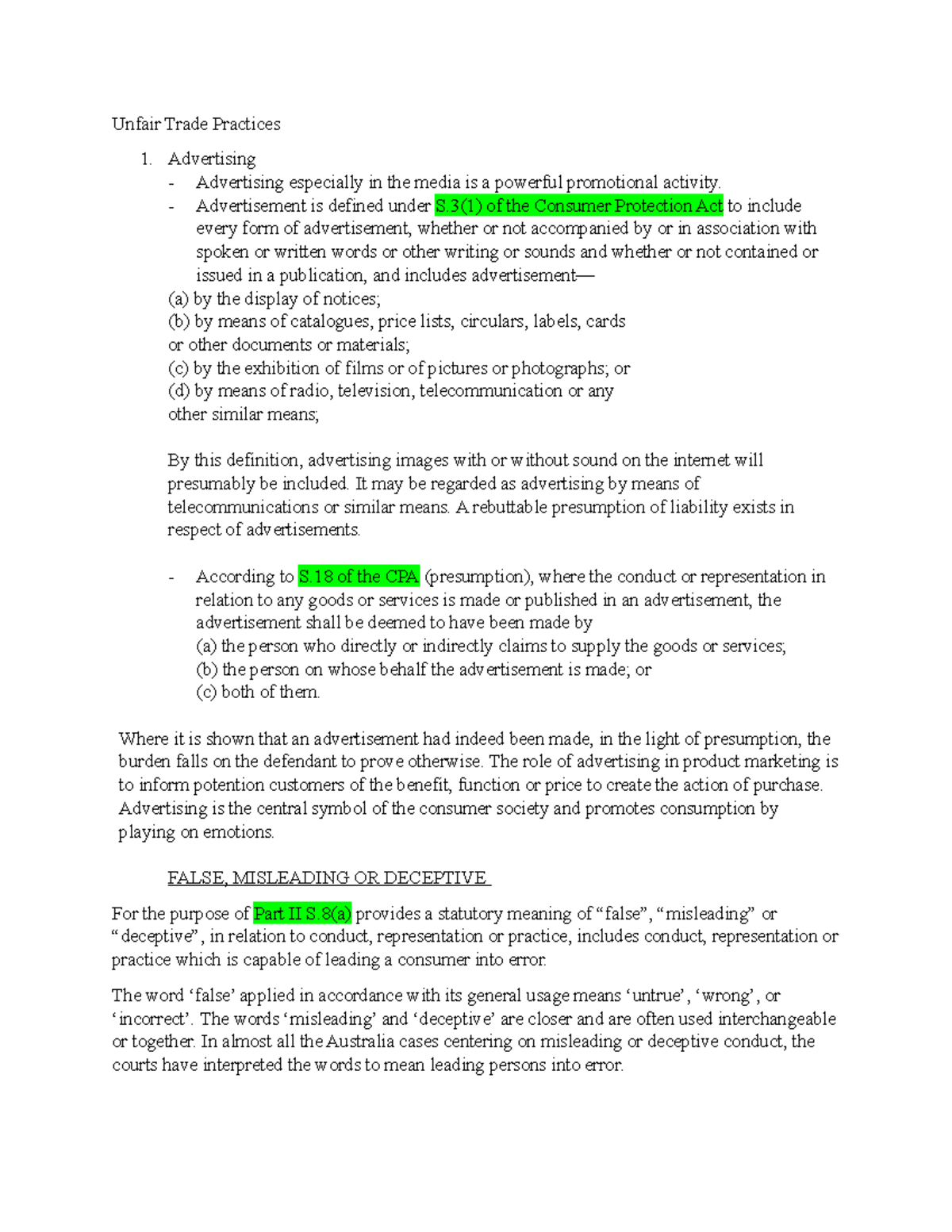 Unfair Trade Practices notes for reference Unfair Trade Practices