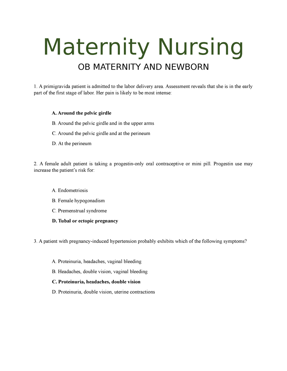 Maternity Nursing 2 - Test Questions - Maternity Nursing OB MATERNITY ...