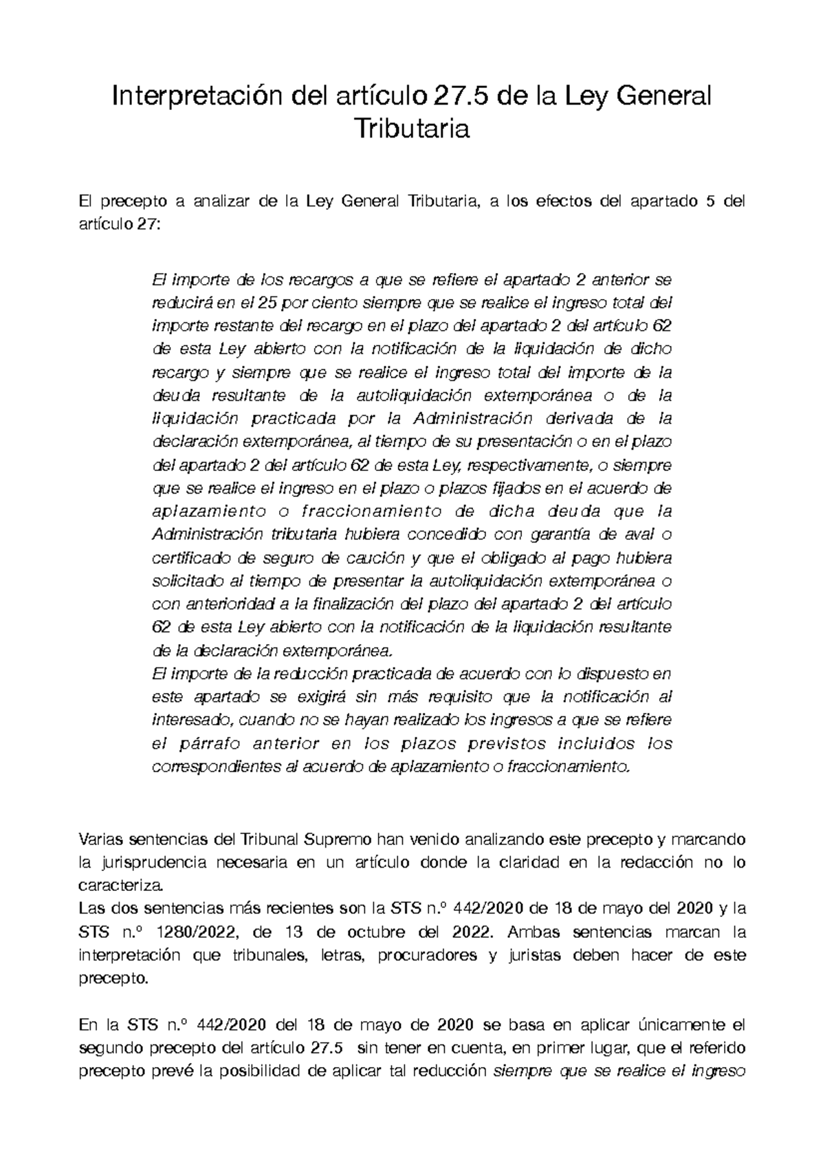 Interpretación Del Artículo 275 De La Ley General Tributaria Interpretación Del Artículo 27 7307