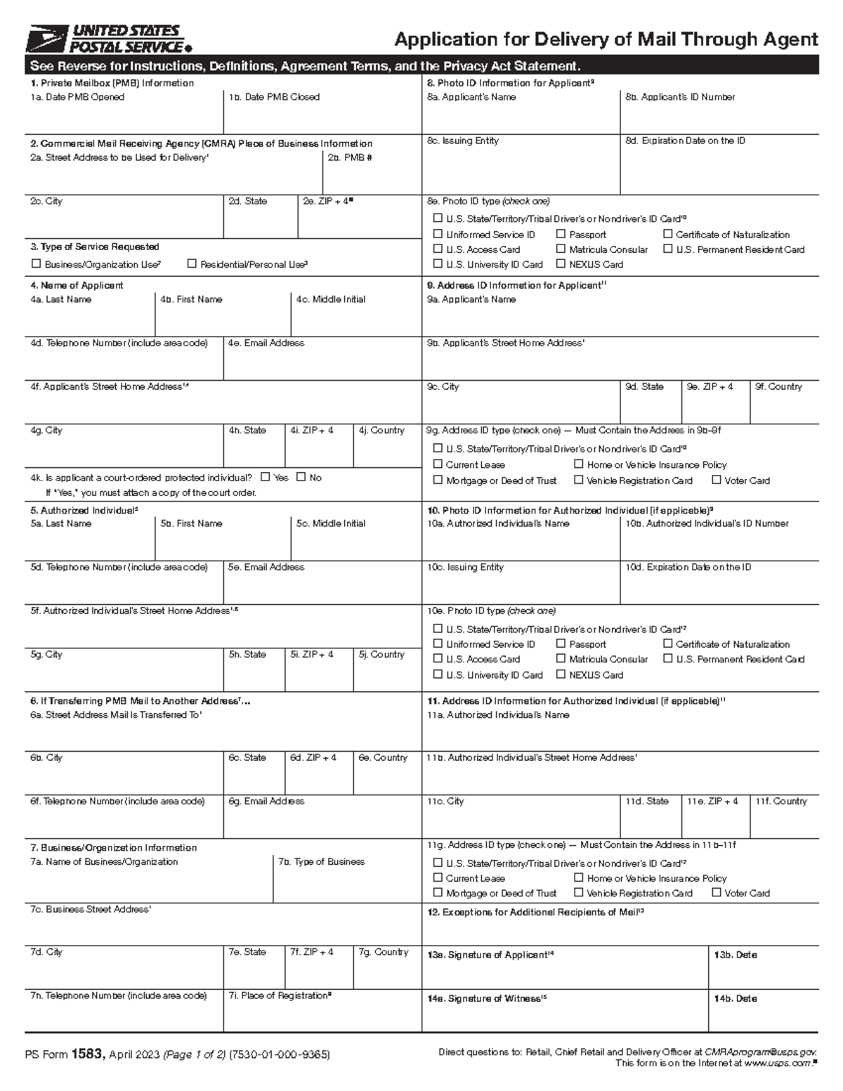 1583 - Application for Delivery of Mail Through Agent See Reverse for ...