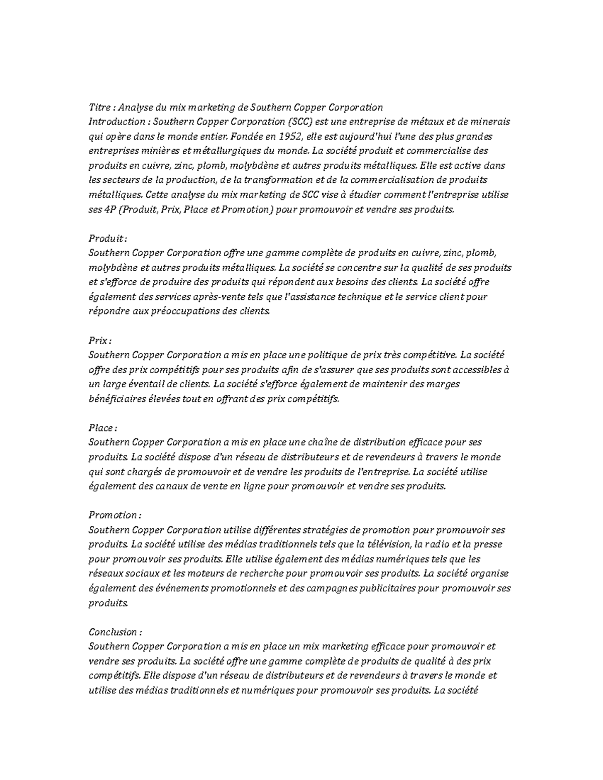 Southern Copper Corporation marketing mix - Titre : Analyse du mix ...