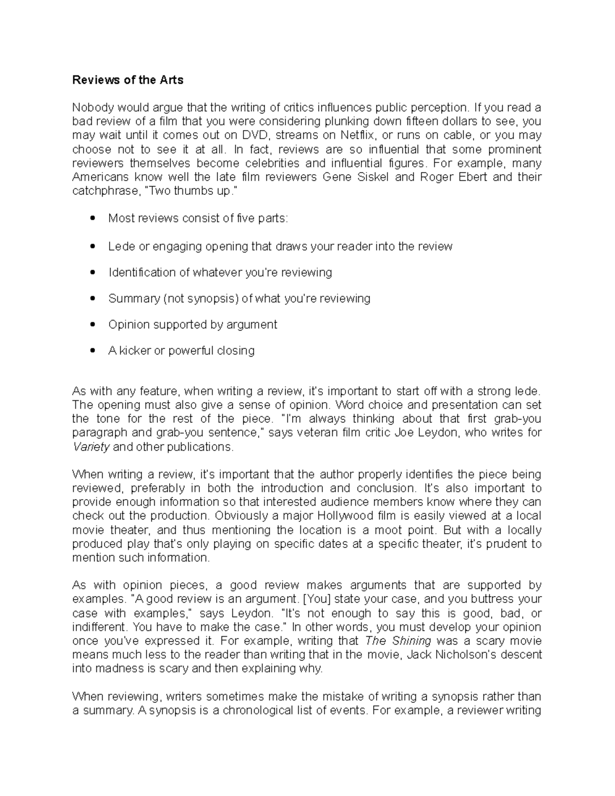 Reviews of the Arts Reviews of the Arts Nobody would argue that the