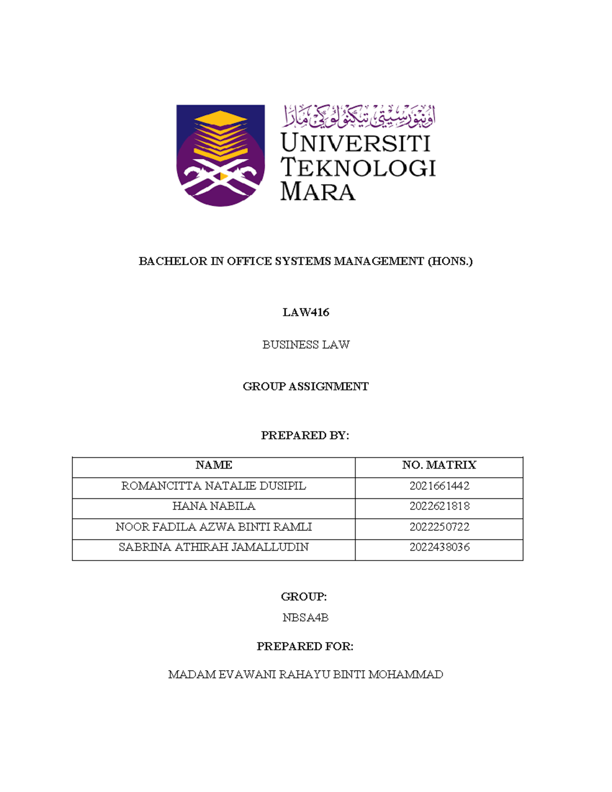 LAW416 BA232 Assignment 2024 - BACHELOR IN OFFICE SYSTEMS MANAGEMENT ...