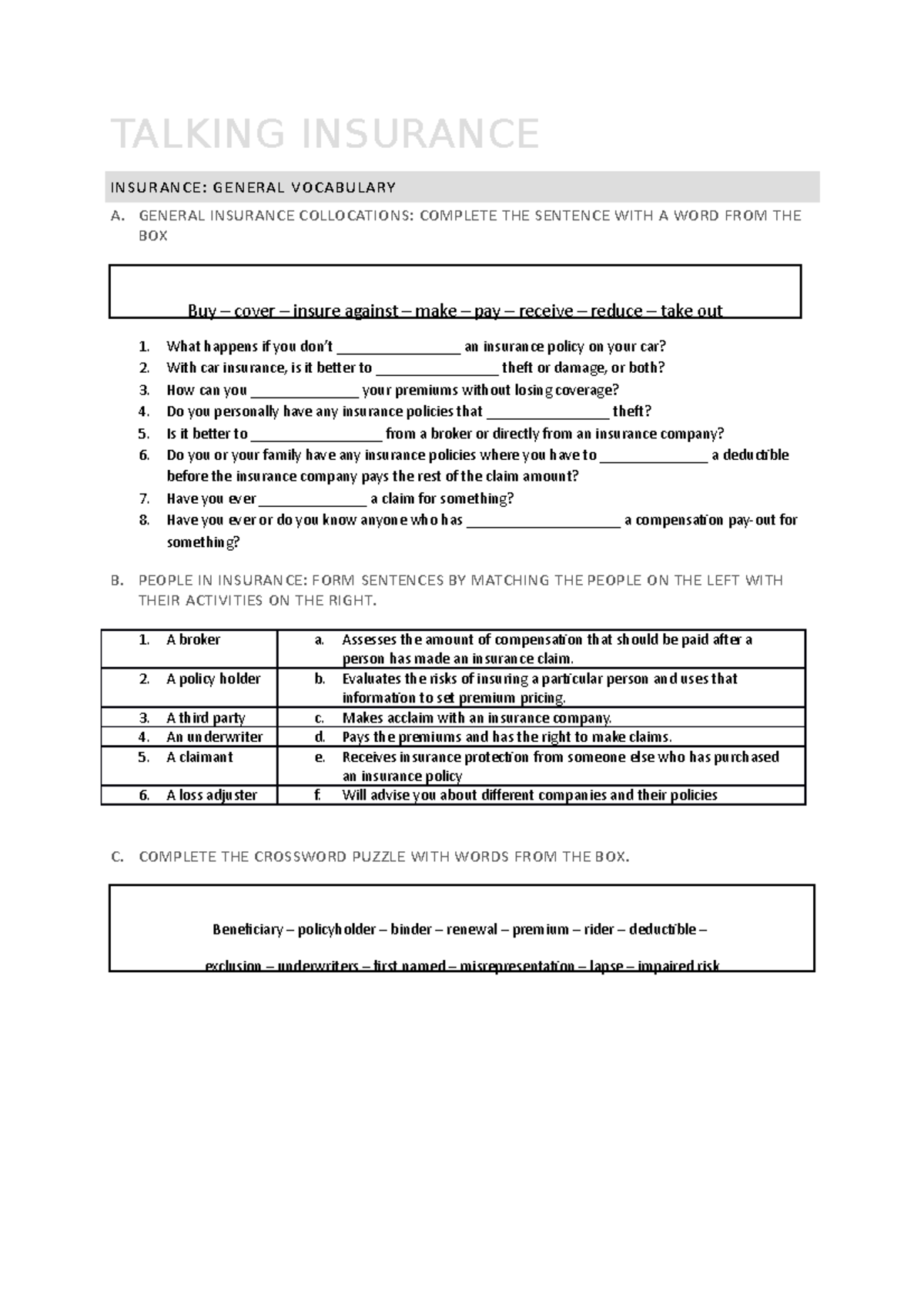 Insurance vocabulary lesson TALKING INSURANCE INSURANCE GENERAL
