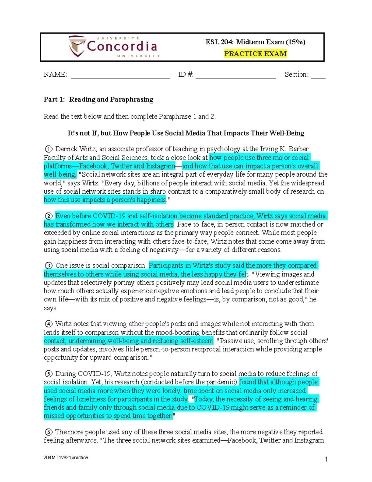 ESL 204 Practice - ESL 204: Midterm Exam (15%) PRACTICE EXAM NAME