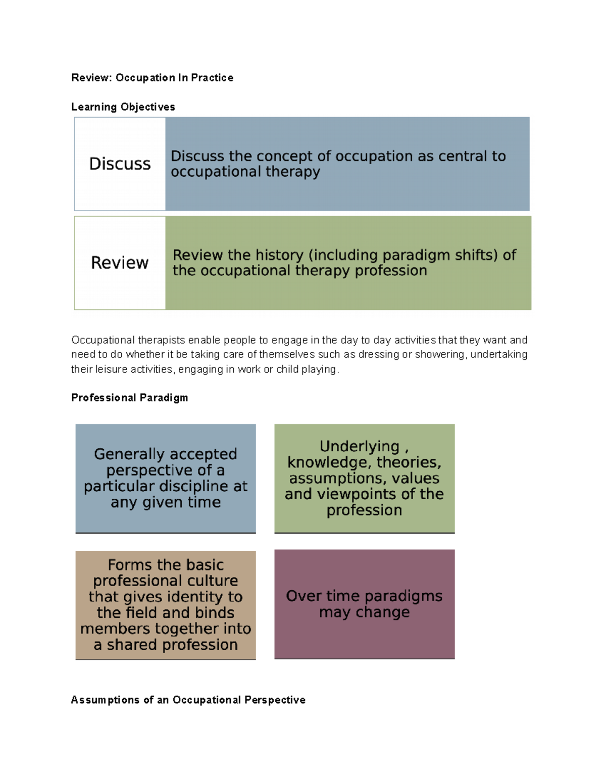 Week 7 - description and diagrams - Review: Occupation In Practice ...