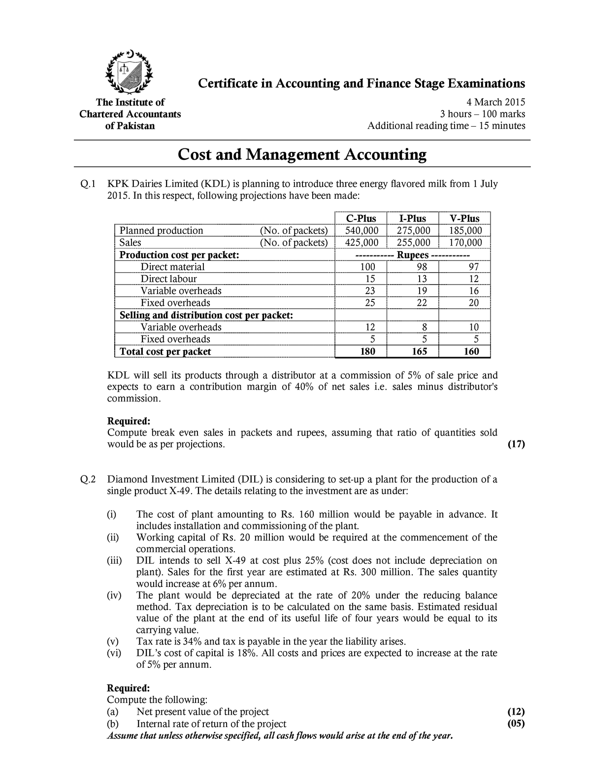 Caf-8 Cost And Management Accounting Ca Icap Past Papers Spring 2015 ...