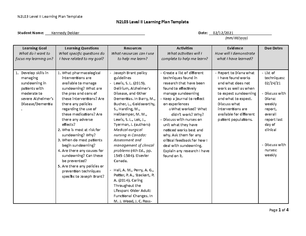 kennedy-dekker-learning-plan-n2l03-level-ii-learning-plan-template