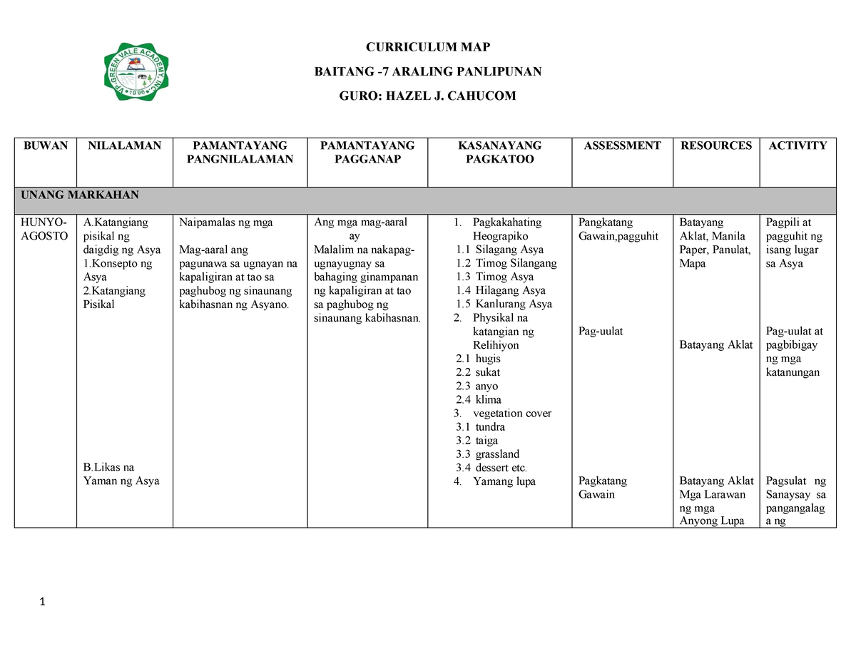 Curriculum Map Ap 7docx CURRICULUM MAP BAITANG 7 ARALING PANLIPUNAN   Thumb 1200 927 