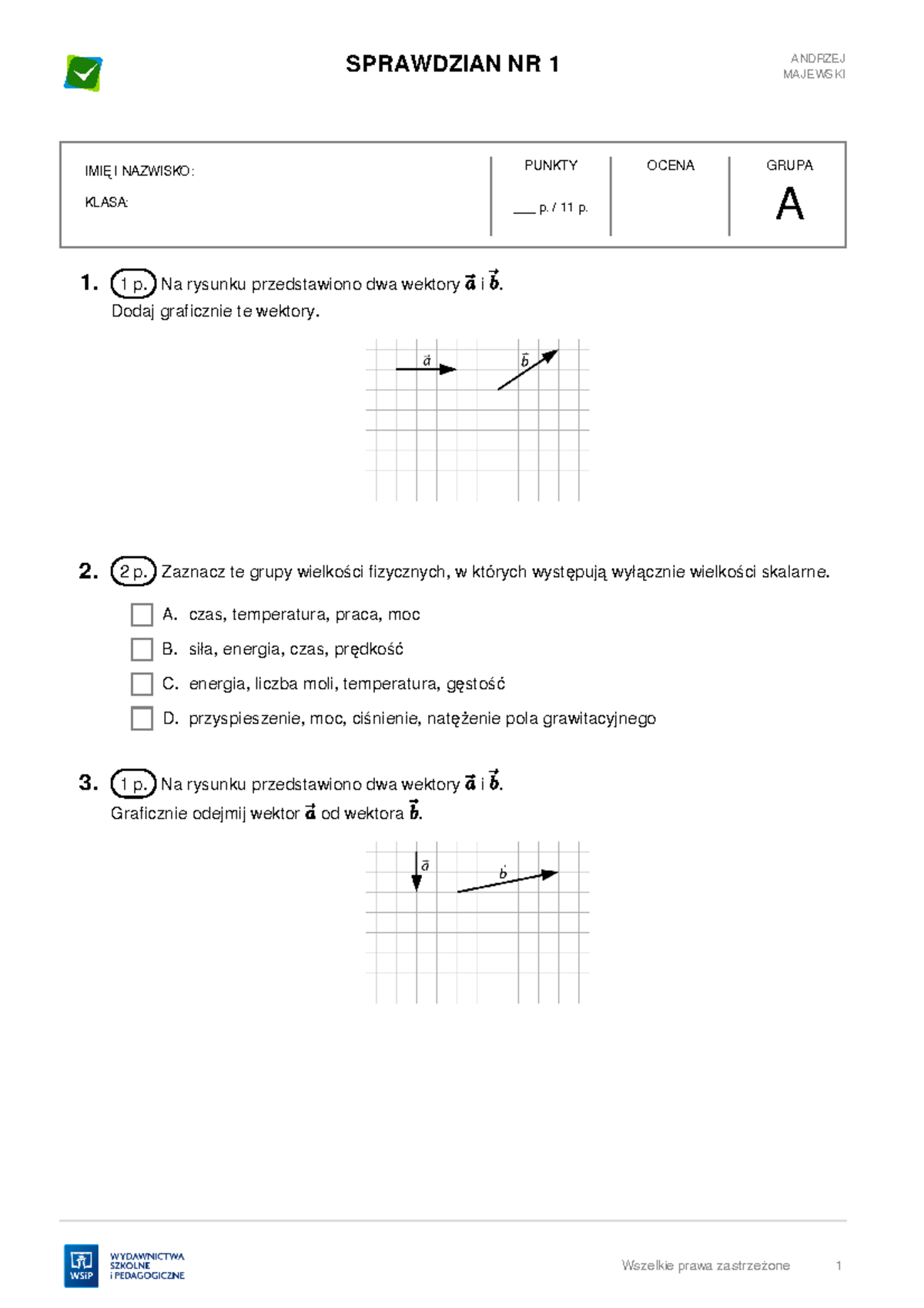 Sprawdzian Wektory 1 Liceum Fizyka www.studocu.com