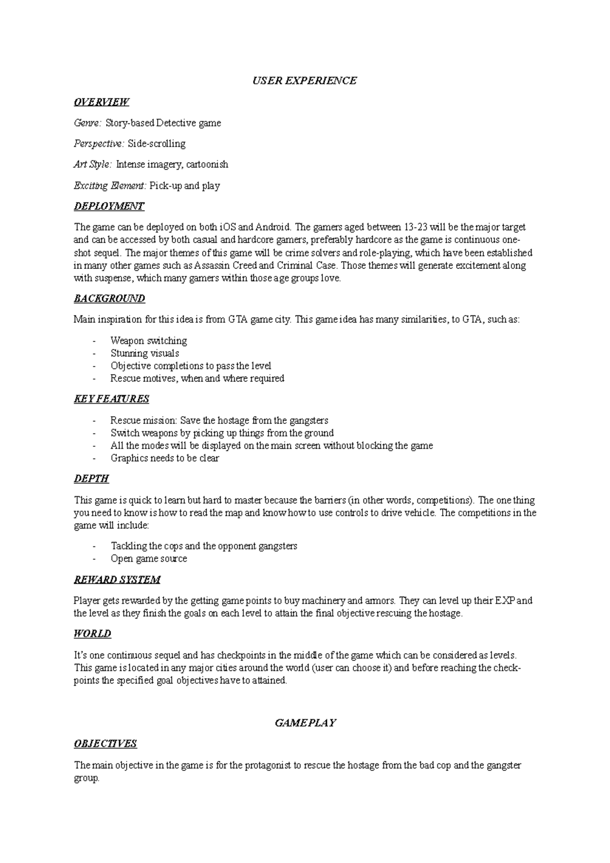 Game Technology - Documentation summary wsu - USER EXPERIENCE OVERVIEW ...