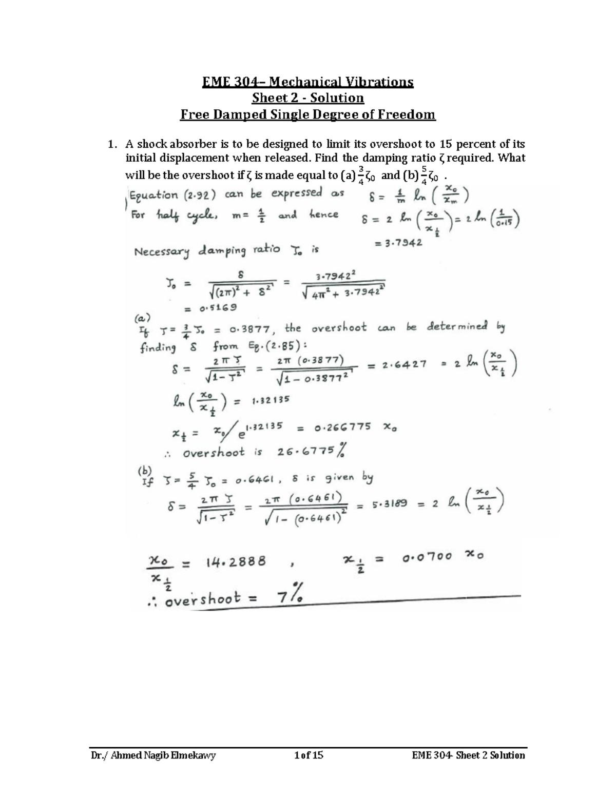 Vibration Sheet Eme Mechanical Vibrations Sheet Solution Free Damped Single Degree