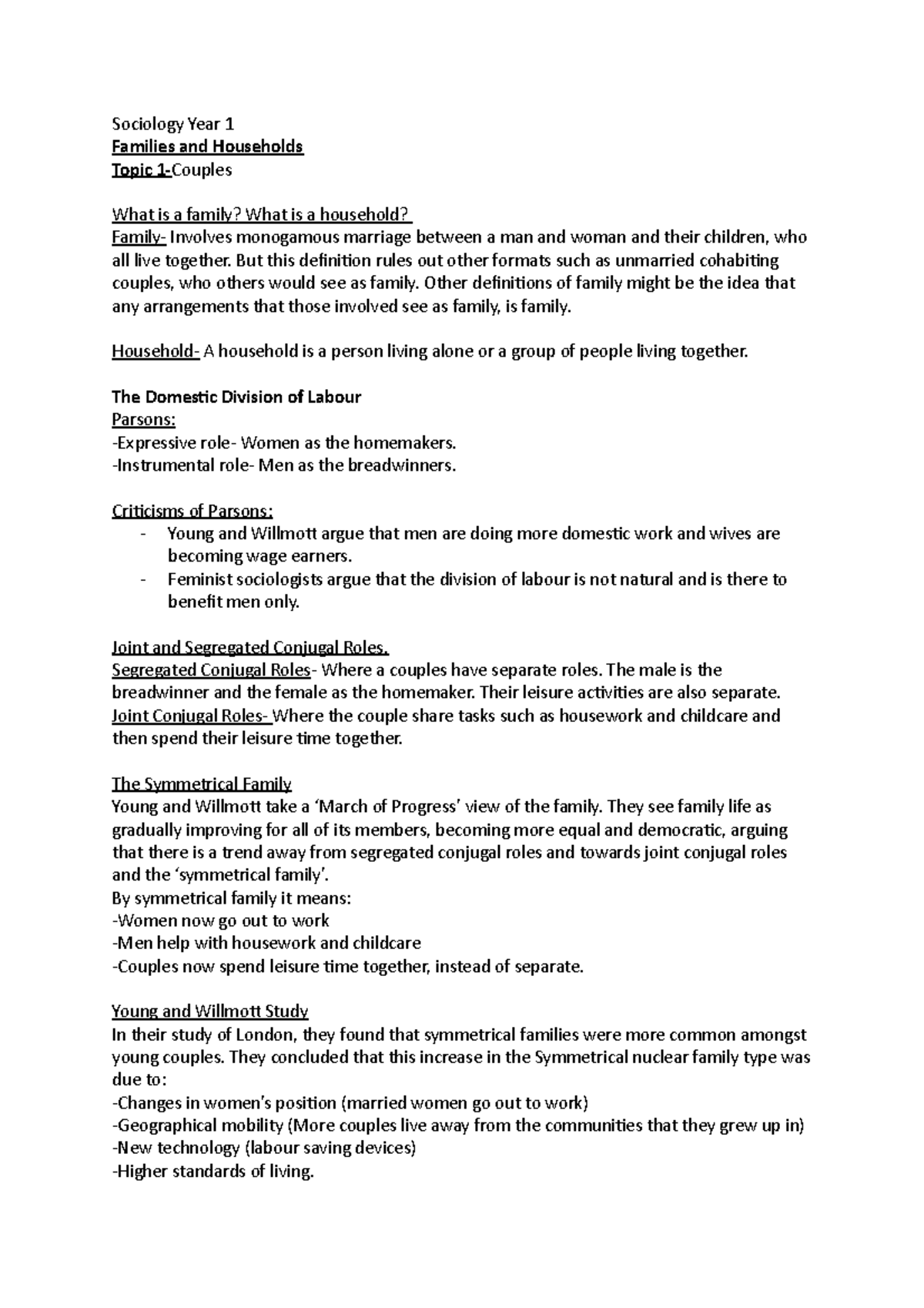 Sociology Year 1 Revision - Sociology Year 1 Families and Households ...