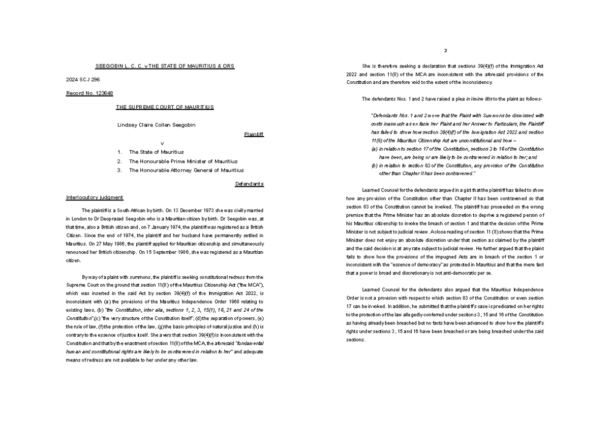 Seegobin v The State 2024 Whether section 11(8) of Mauritius