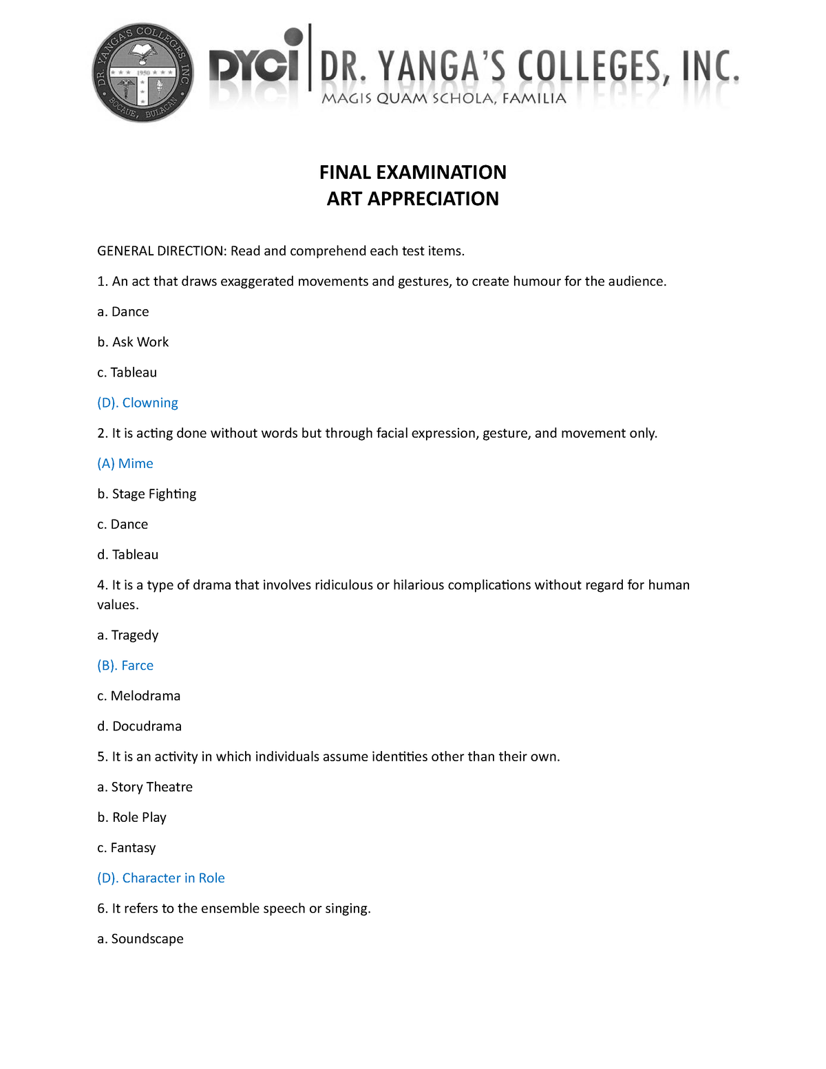 Final Examination ART APP - FINAL EXAMINATION ART APPRECIATION GENERAL ...