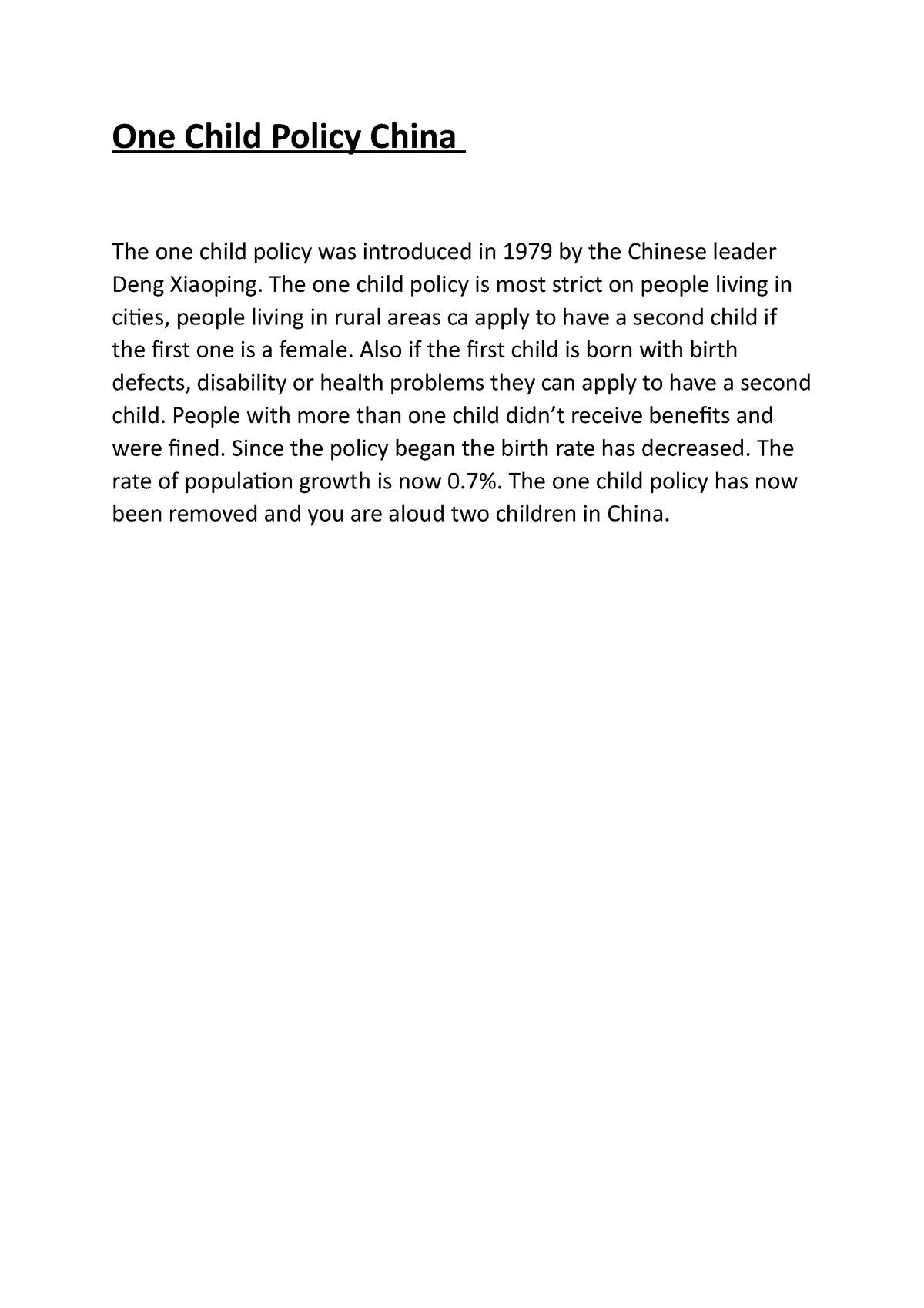 essay about one child policy