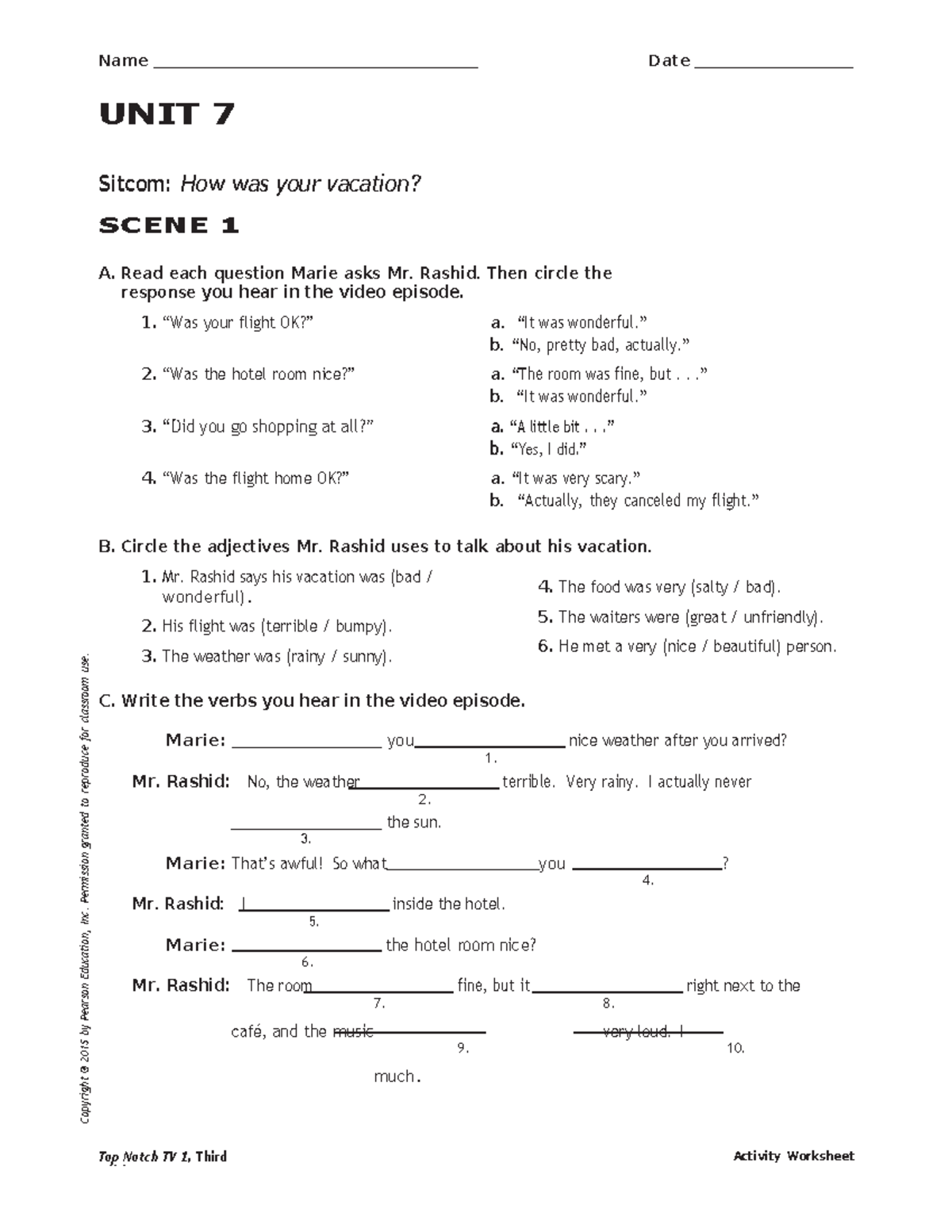 Worksheet How was your vacation Name Date UNIT 7 Top Notch TV 1