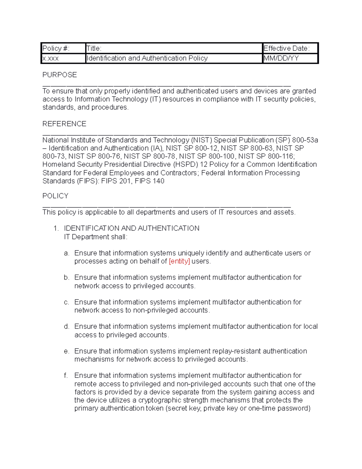 Identification and Authentication Policy - REFERENCE National Institute ...