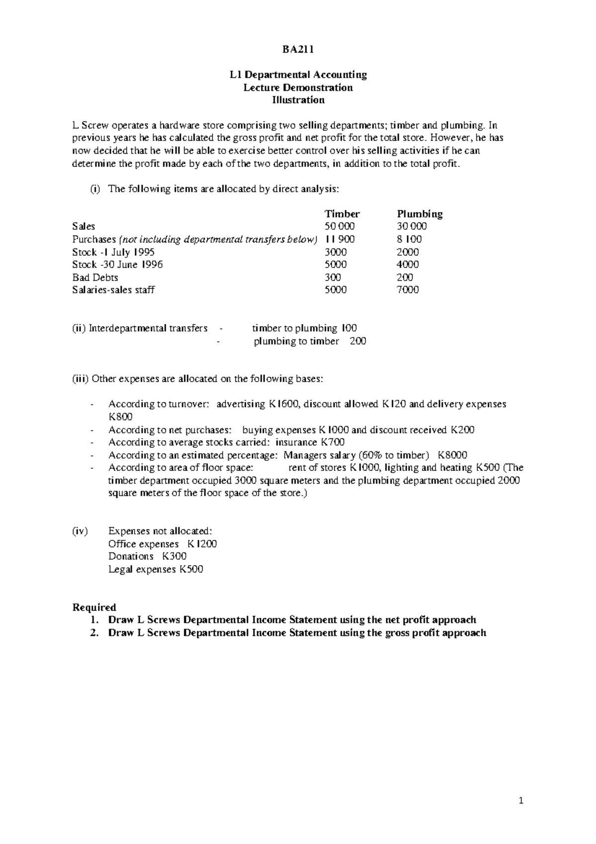 L2 Departmental Accounting Illustration - 1 BA L1 Departmental ...