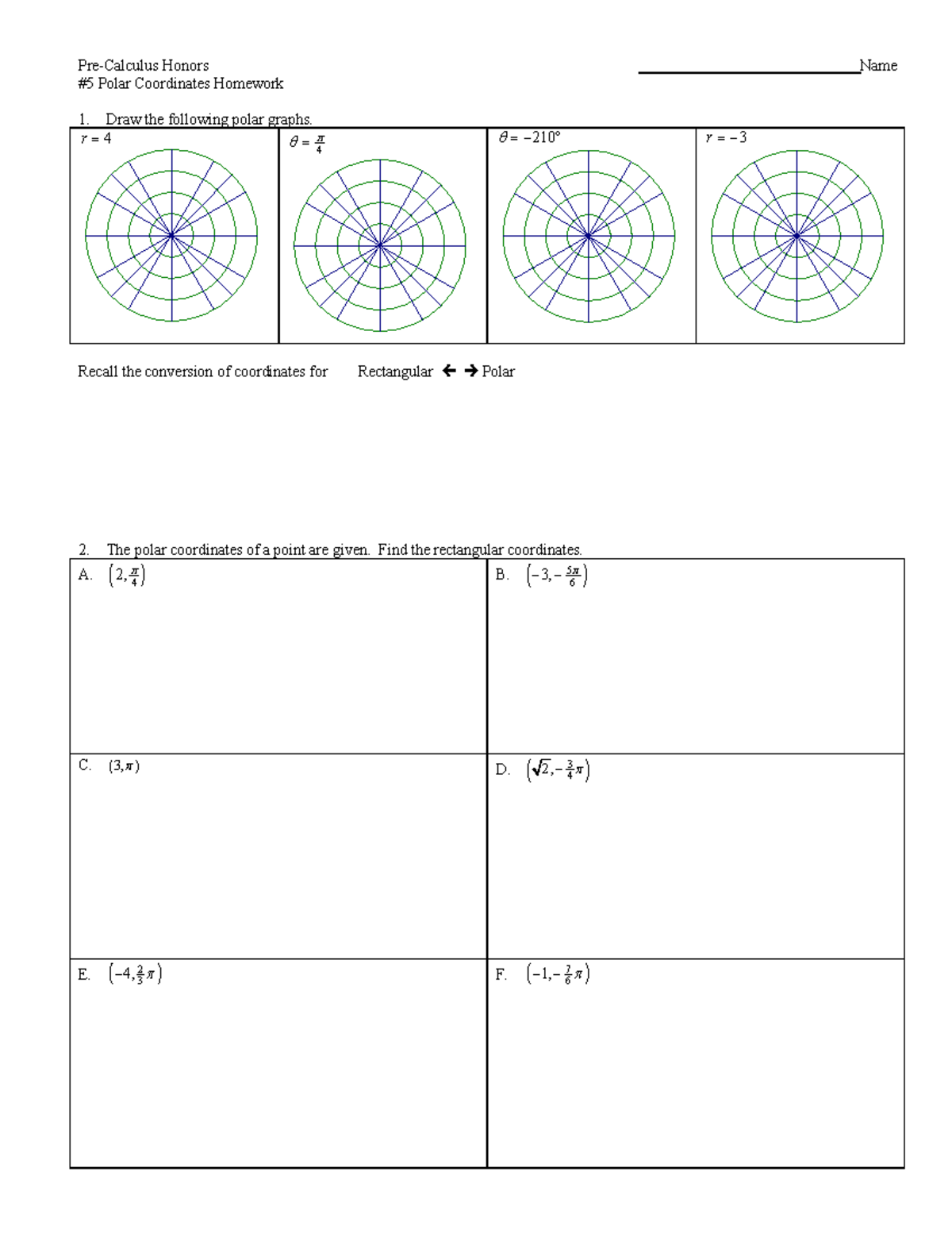 #5 Polar Coordinates Homework - Pre-Calculus Honors Name #5 Polar ...