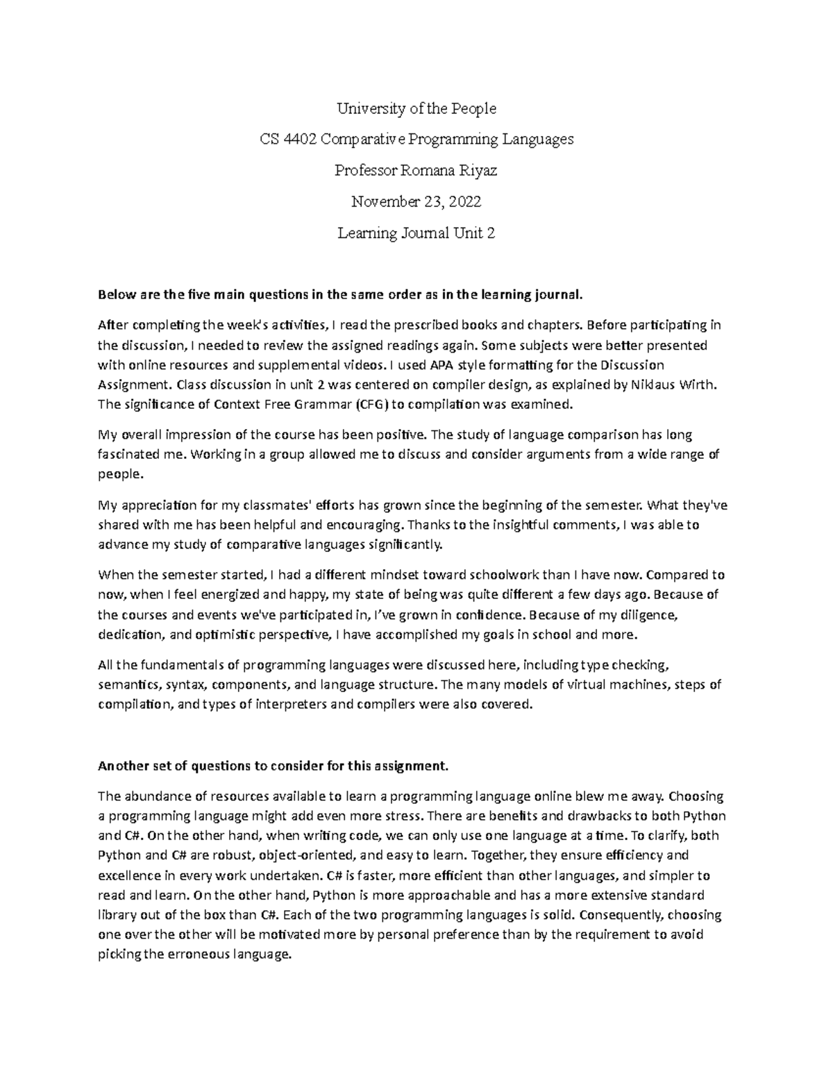 CS 4402 - Learning Journal Unit 2 - University of the People CS 4402 ...