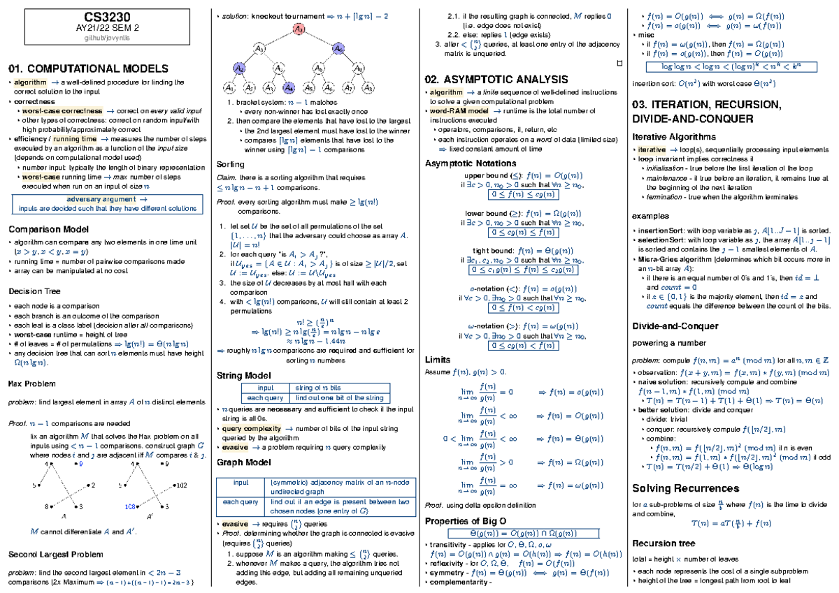 Cs3230-cheatsheet - CS AY21/22 SEM 2 github/jovyntls 01. COMPUTATIONAL ...