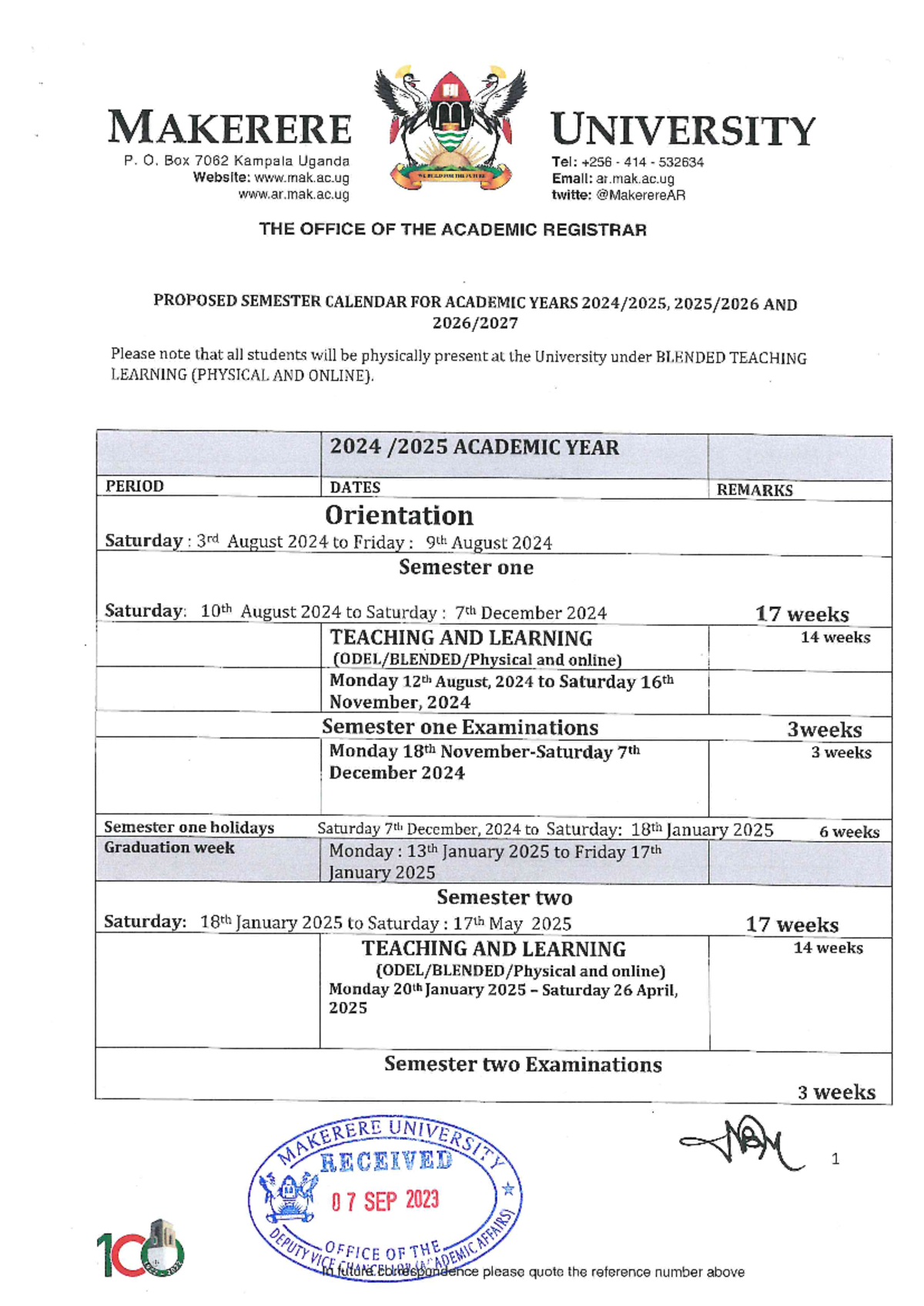 Proposed Semester Calendar FOR AY 20252025 TO 2026 2027 11 MAKERERE