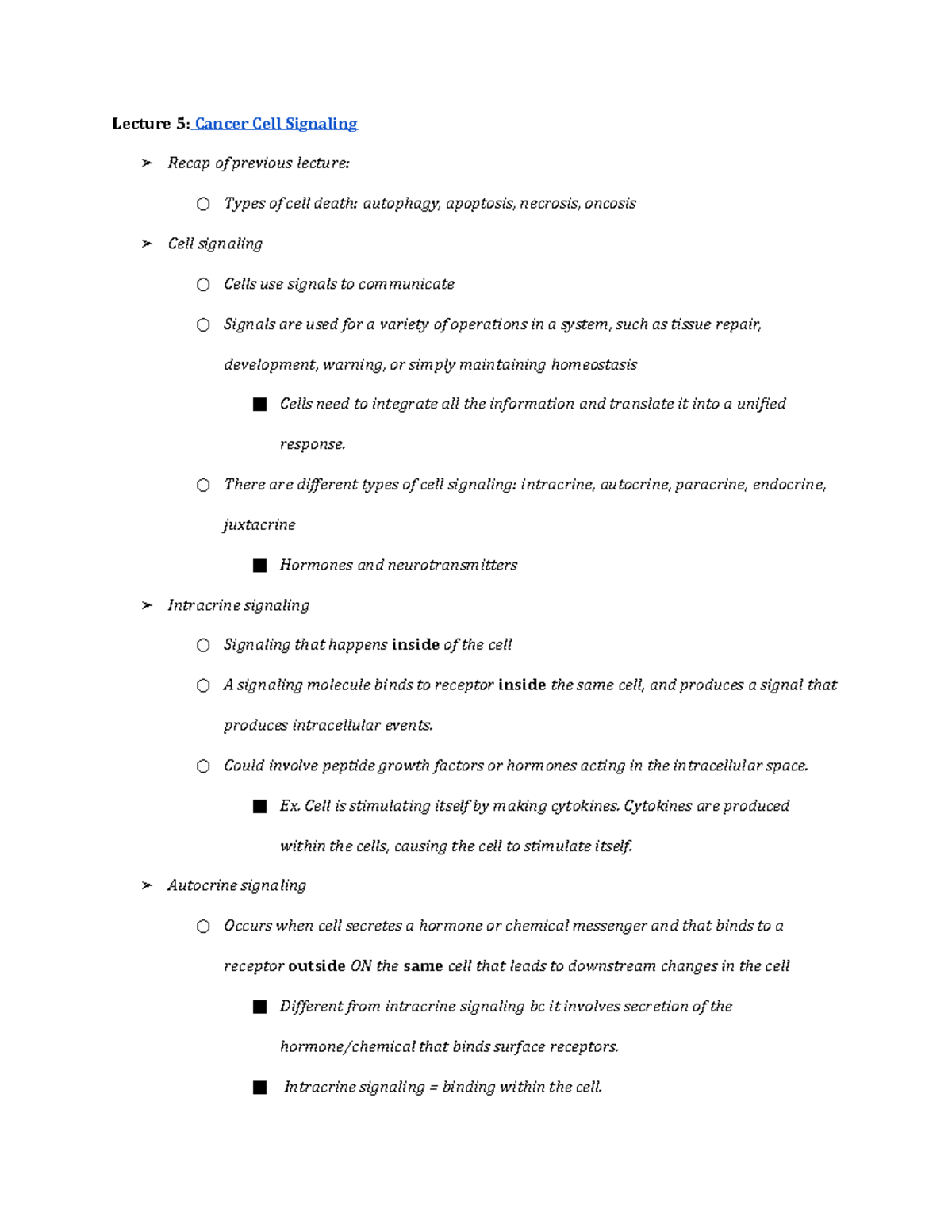 BIO 350 Lecture 5+6 Ogunwobi Lecture 5 Cancer Cell Signaling Recap