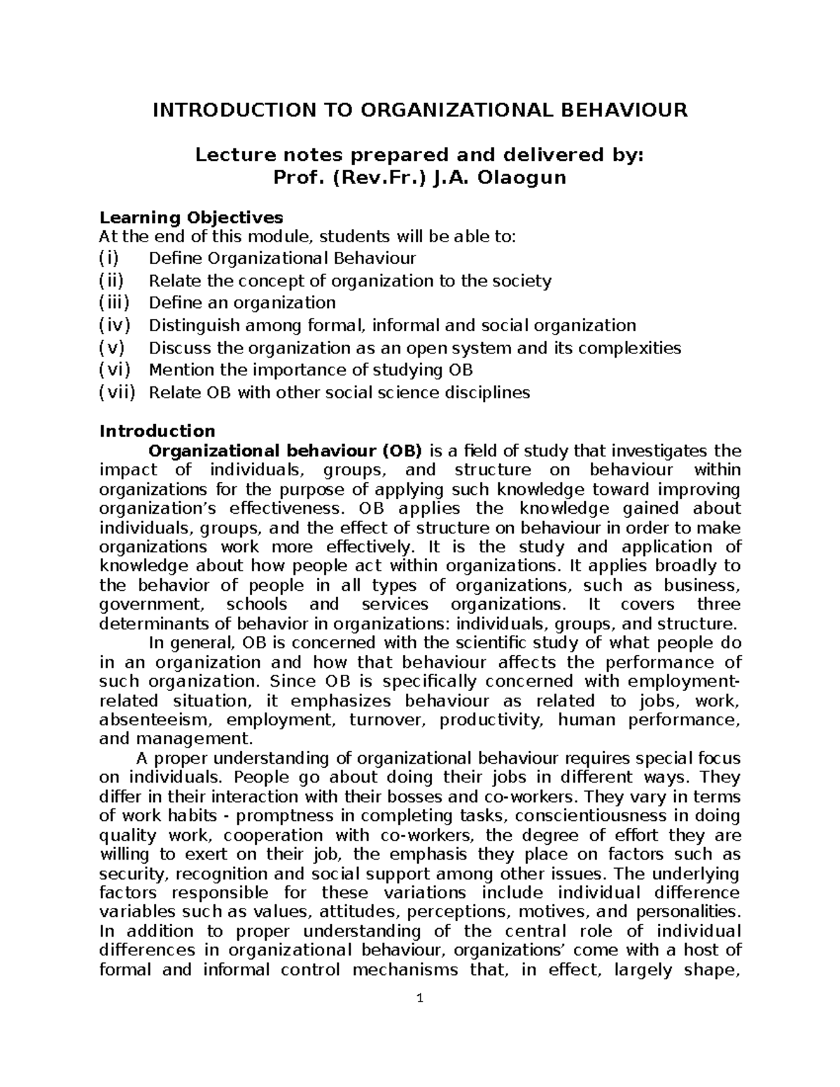 Introduction to Organizational Behaviour - INTRODUCTION TO ...