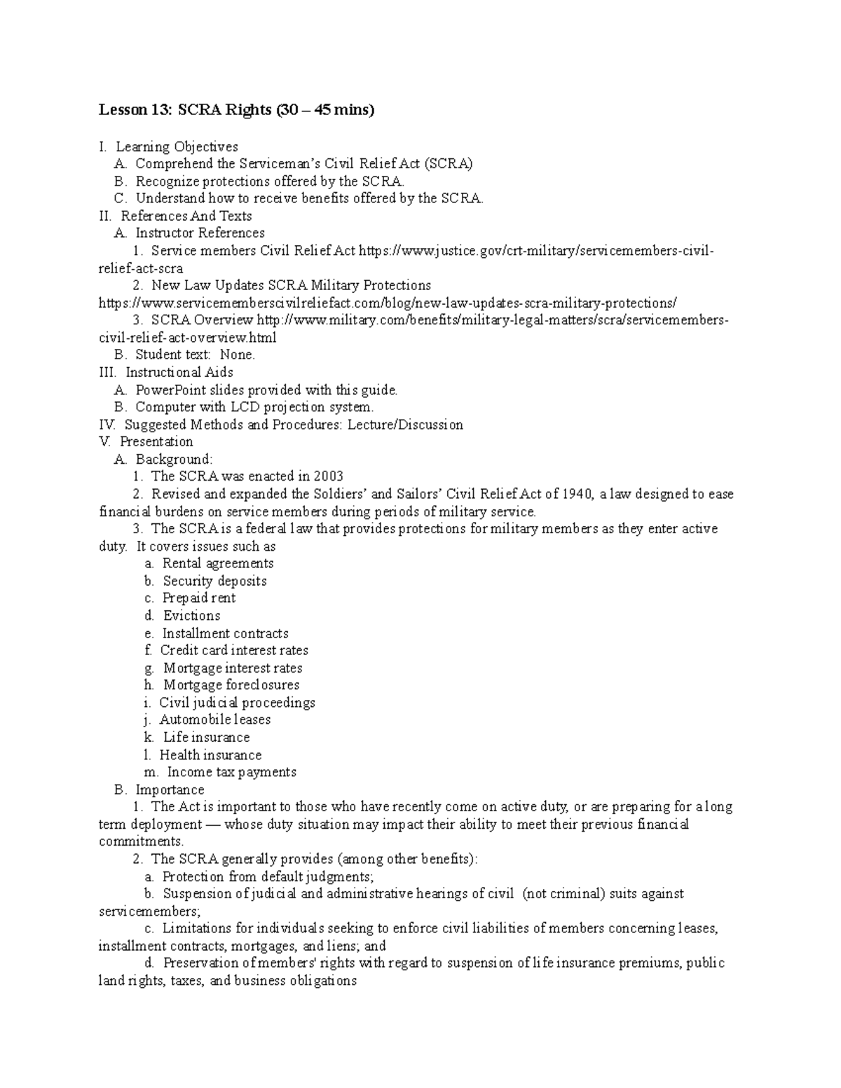 Lesson 13 Service Members Relief Act Lesson 13 SCRA Rights (30